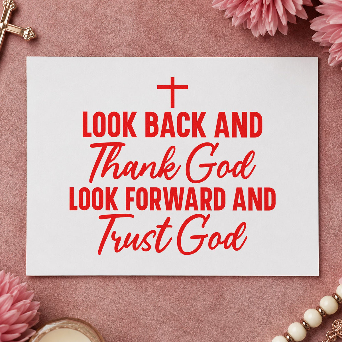 Thank God and Trust God rubber stamp shown in red ink, stamped for projects such as moving day notes.