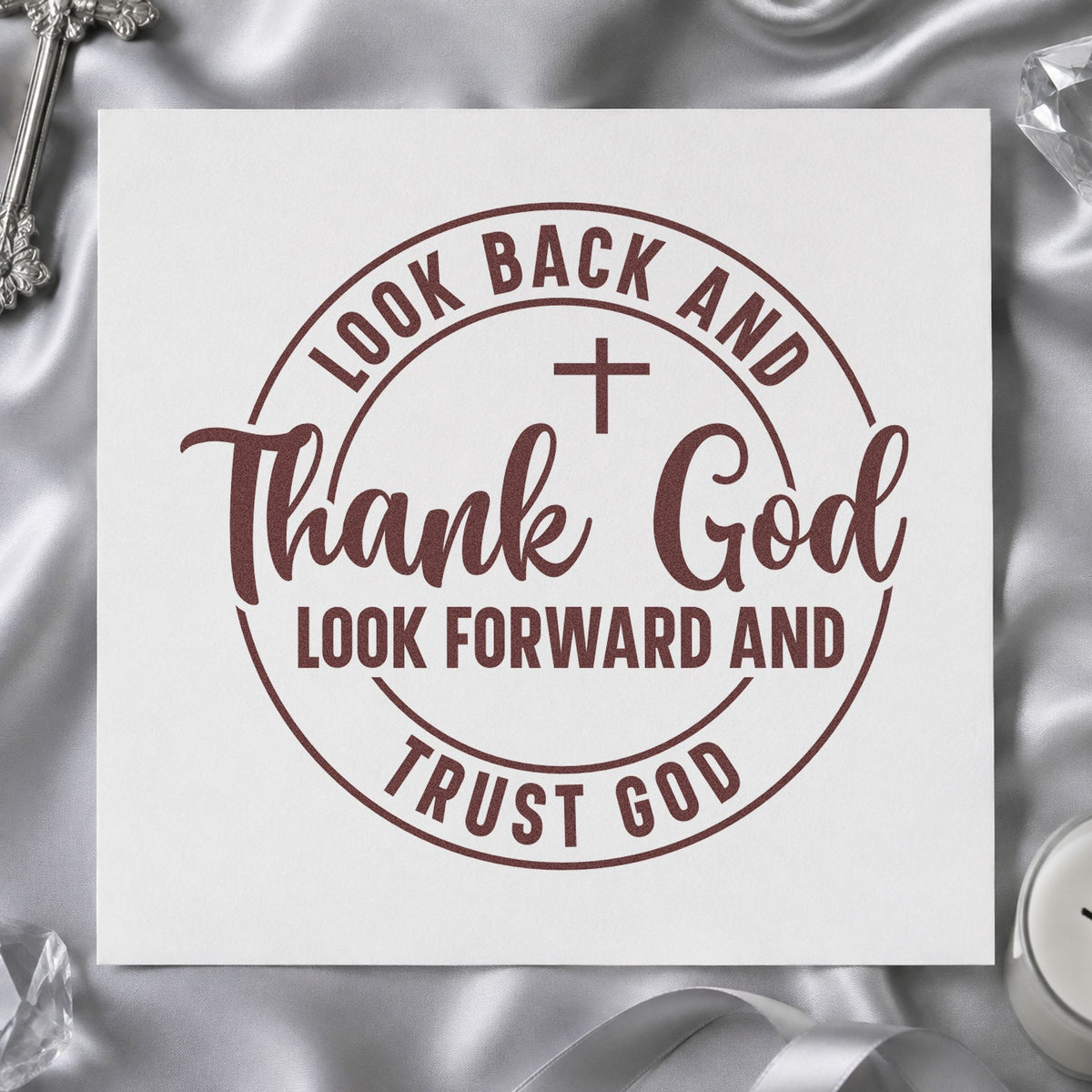 Thank and Trust God Circle rubber stamp printed in brown ink, ready for round label seals and similar paper crafts.