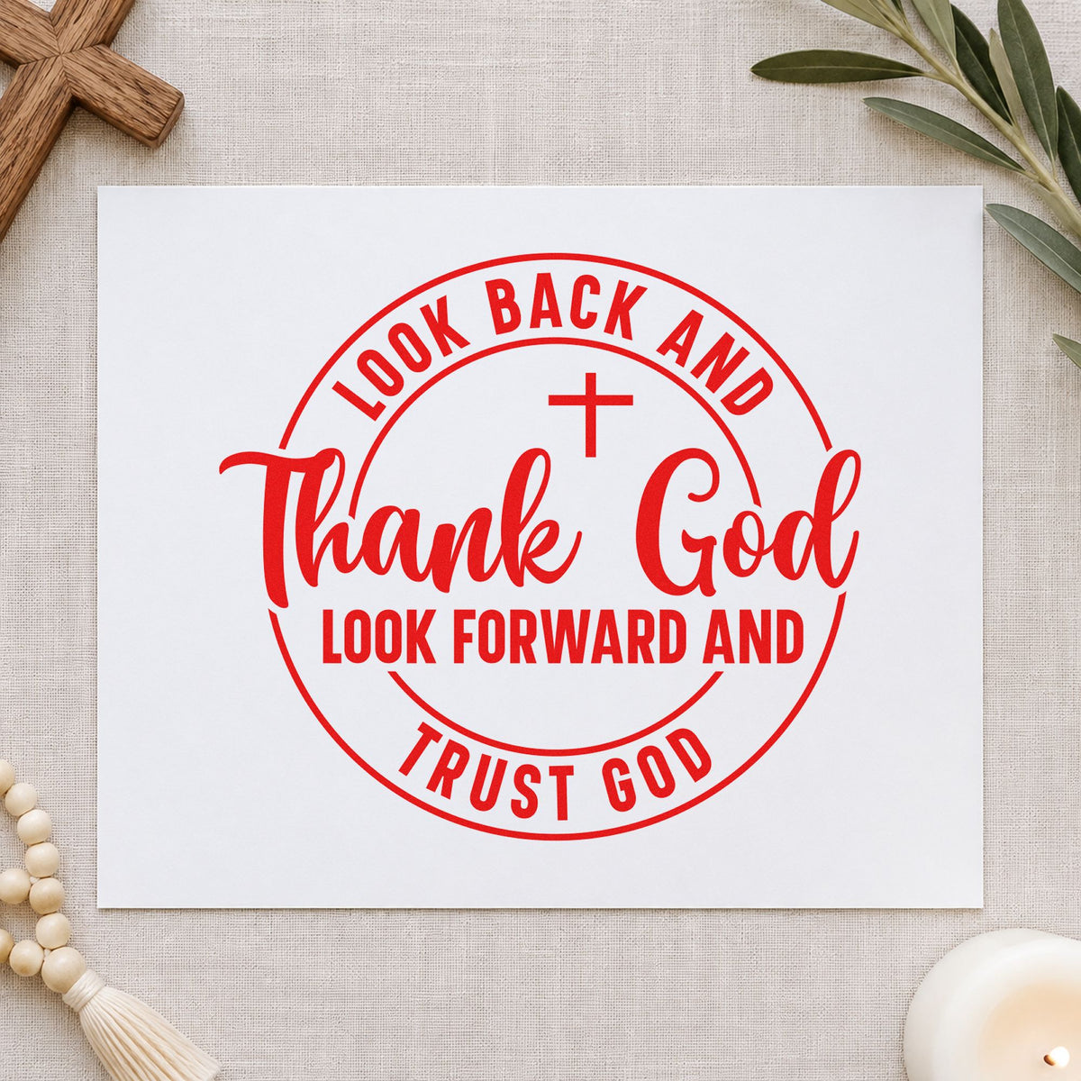 Thank and Trust God Circle rubber stamp shown in red ink, stamped for projects such as coaster crafts.