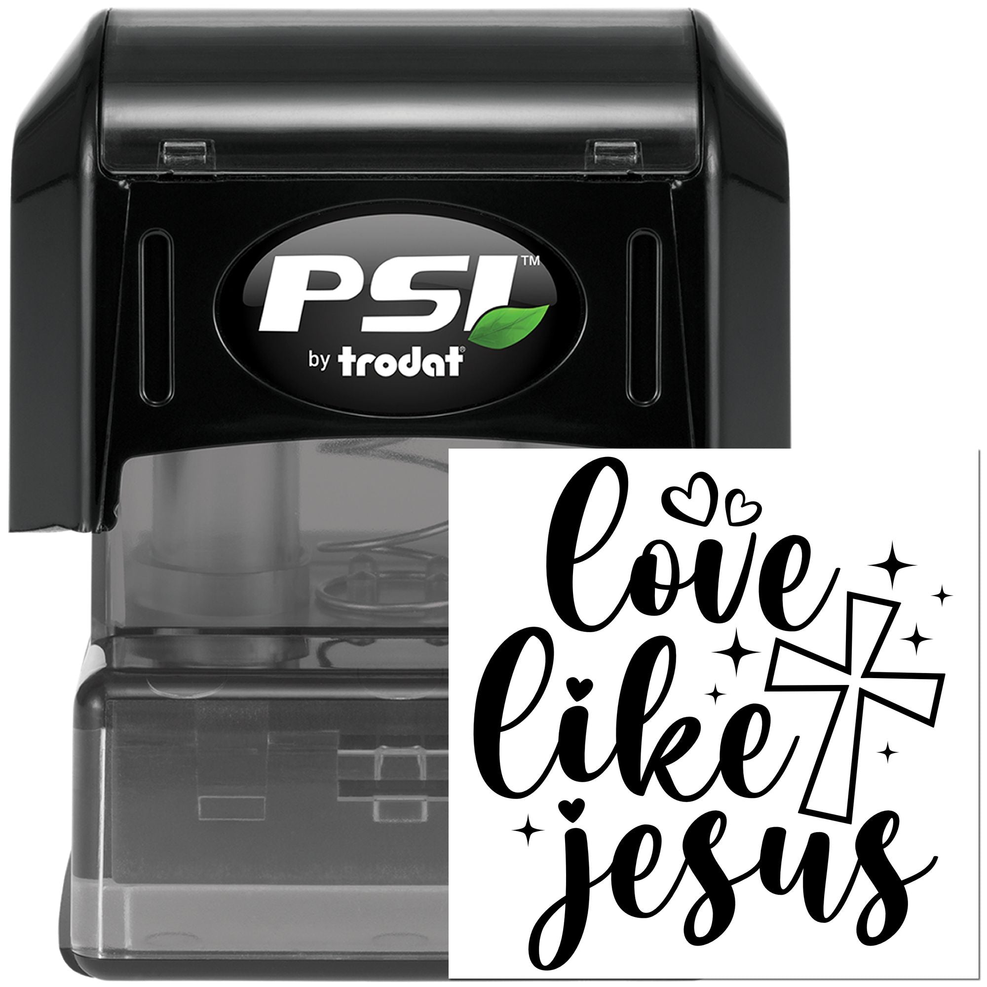 PSI by Trodat self-inking rubber stamp with Love Like Jesus Christian design for cards, crafts, and scrapbook projects.