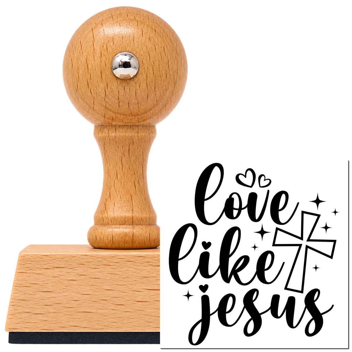 Love Like Jesus Outlined Cross Vintage Pro rubber stamp in European beech wood with a round knob handle, shown beside its black imprint.