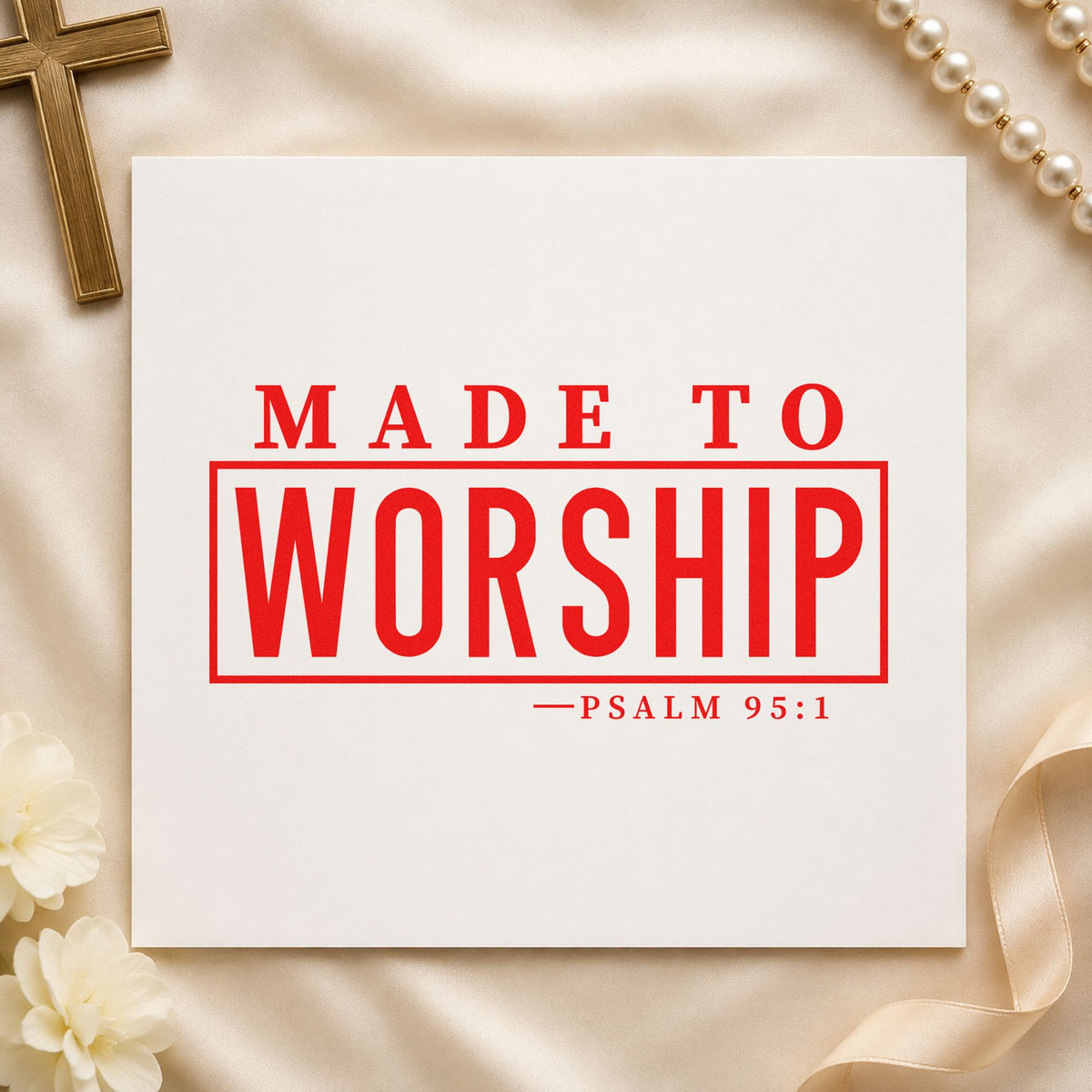 Made to Worship rubber stamp shown in red ink, stamped for projects such as worship camp name tags.