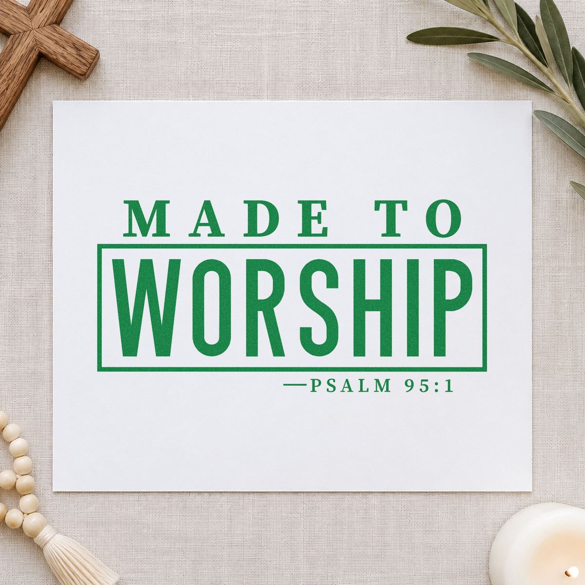 Made to Worship craft stamp imprint in green ink on a handmade project, one idea being framed studio art.
