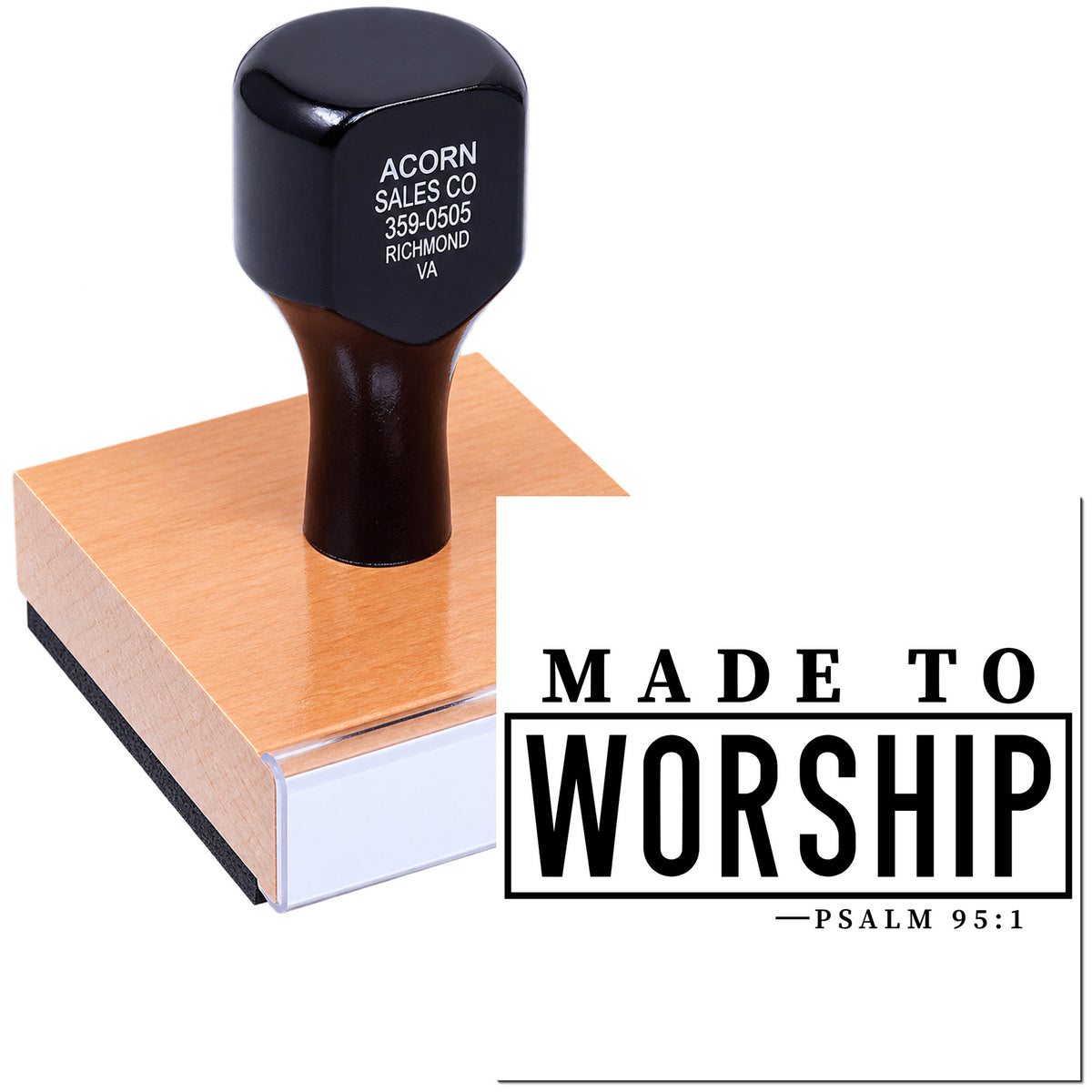 Custom rubber stamp displaying Made to Worship Psalm 95:1 for Christian crafts, church materials, and faith-based projects.