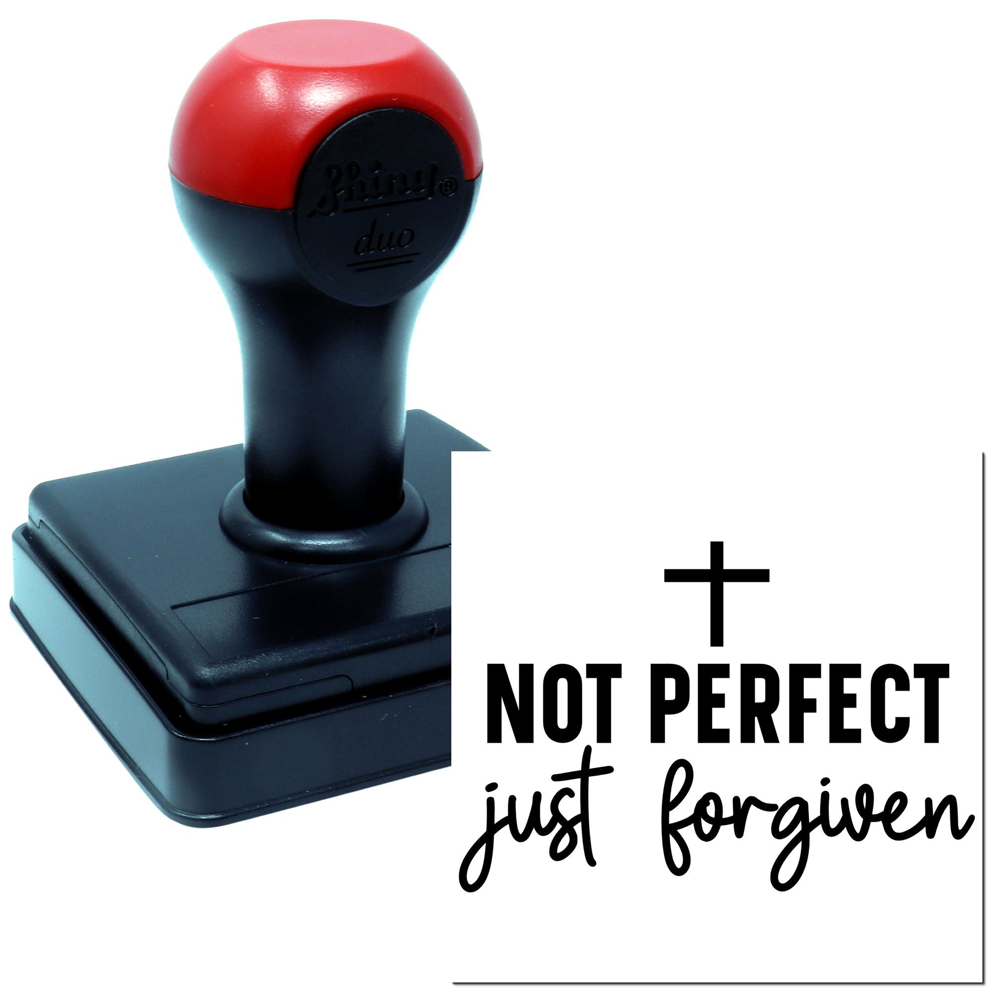 Self-inking rubber stamp reading Not Perfect, Just Forgiven for Christian crafts, gifts, and faith-based labeling.