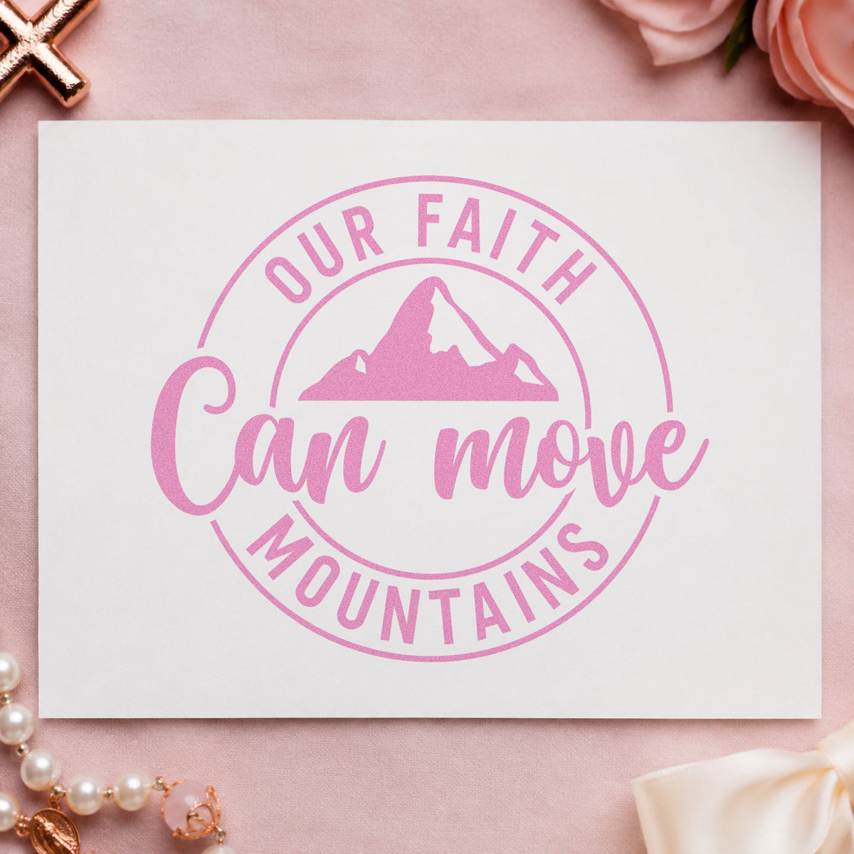 Faith Can Move Mountains craft stamp in purple ink on cardstock, an easy option for hiking trip gifts.