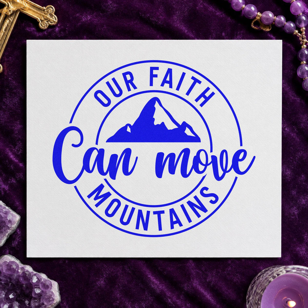 Faith Can Move Mountains craft stamp in blue ink on cardstock, an easy option for canvas totes.