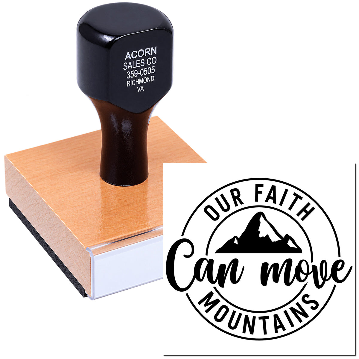 Custom rubber stamp mockup with Our Faith Can Move Mountains mountain logo for faith-based branding.