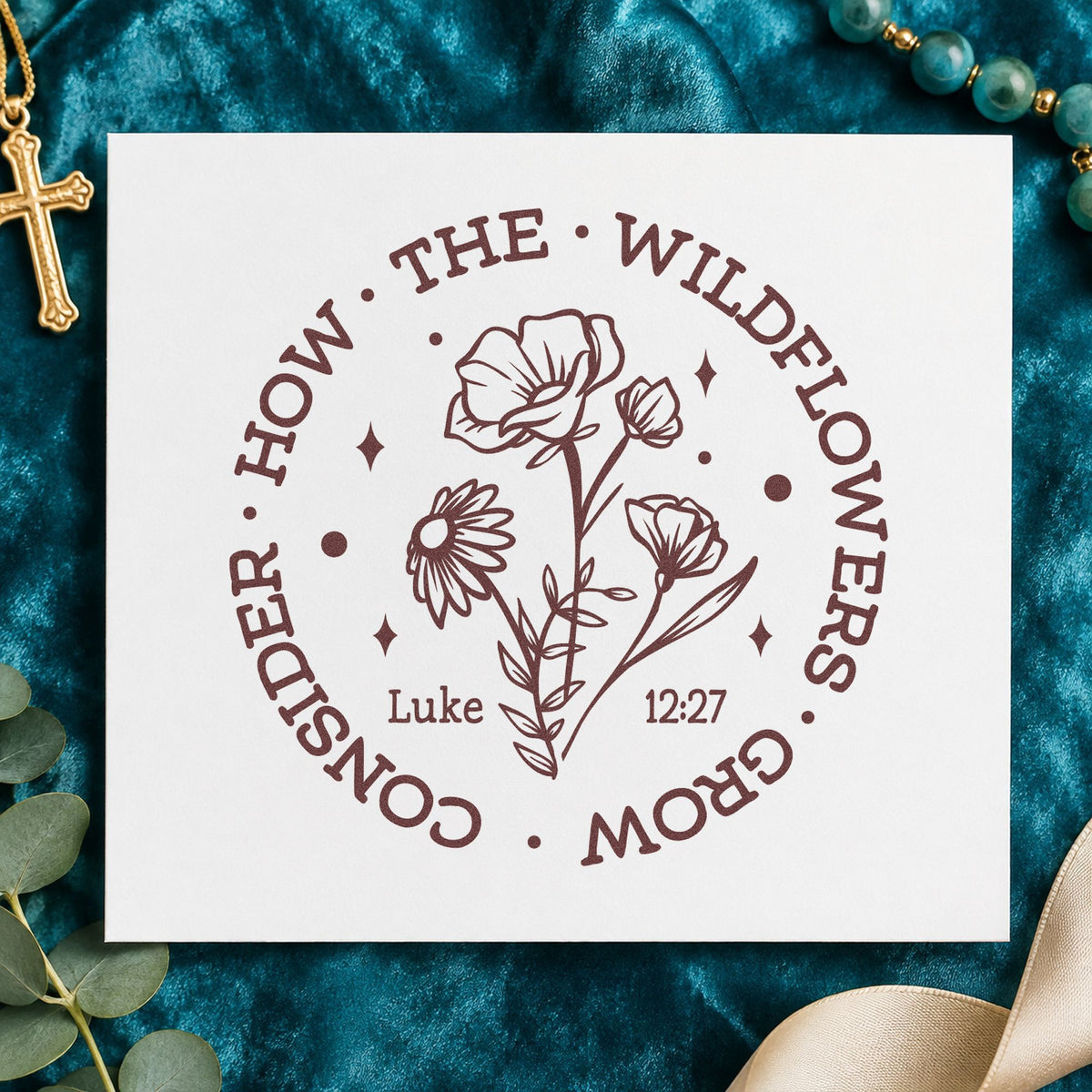 Consider the Wildflowers Circle rubber stamp printed in brown ink, ready for bridal shower favors and similar paper crafts.