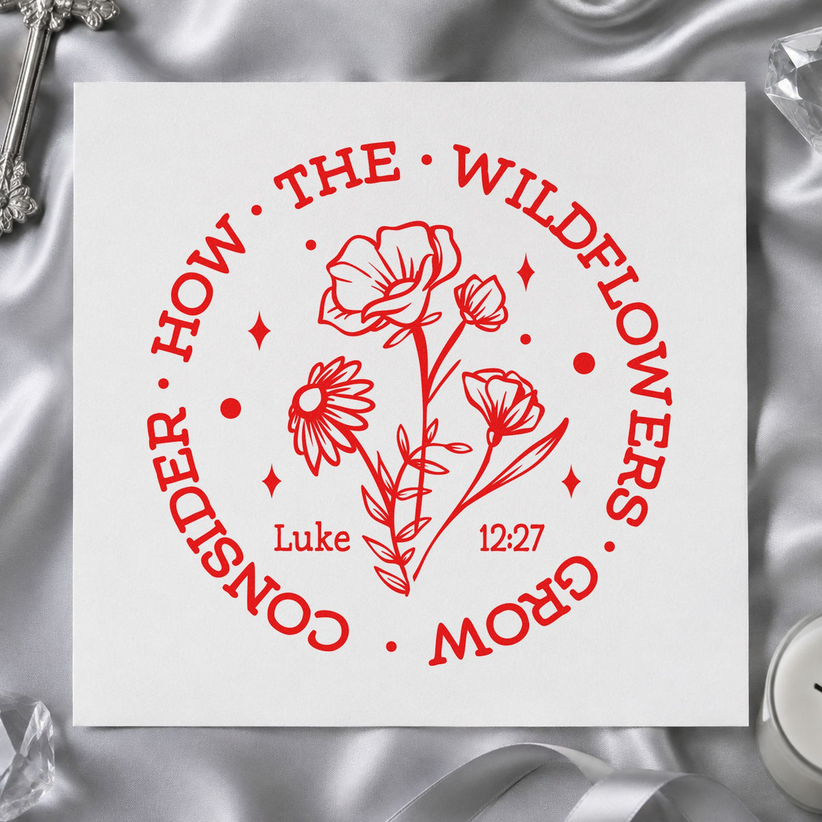 Consider the Wildflowers Circle rubber stamp shown in red ink, stamped for projects such as plant marker crafts.