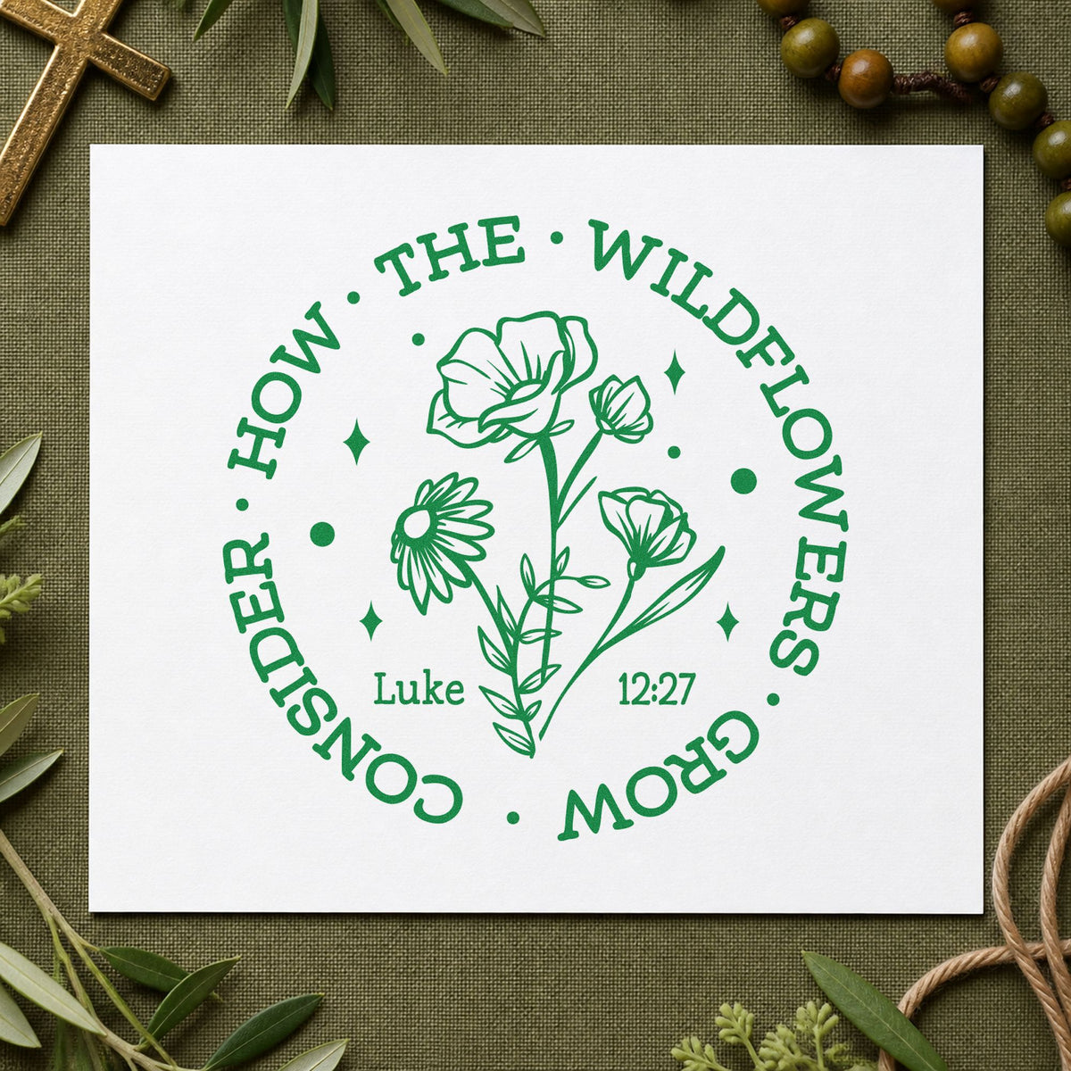 Consider the Wildflowers Circle craft stamp imprint in green ink on a handmade project, one idea being framed bedroom art.
