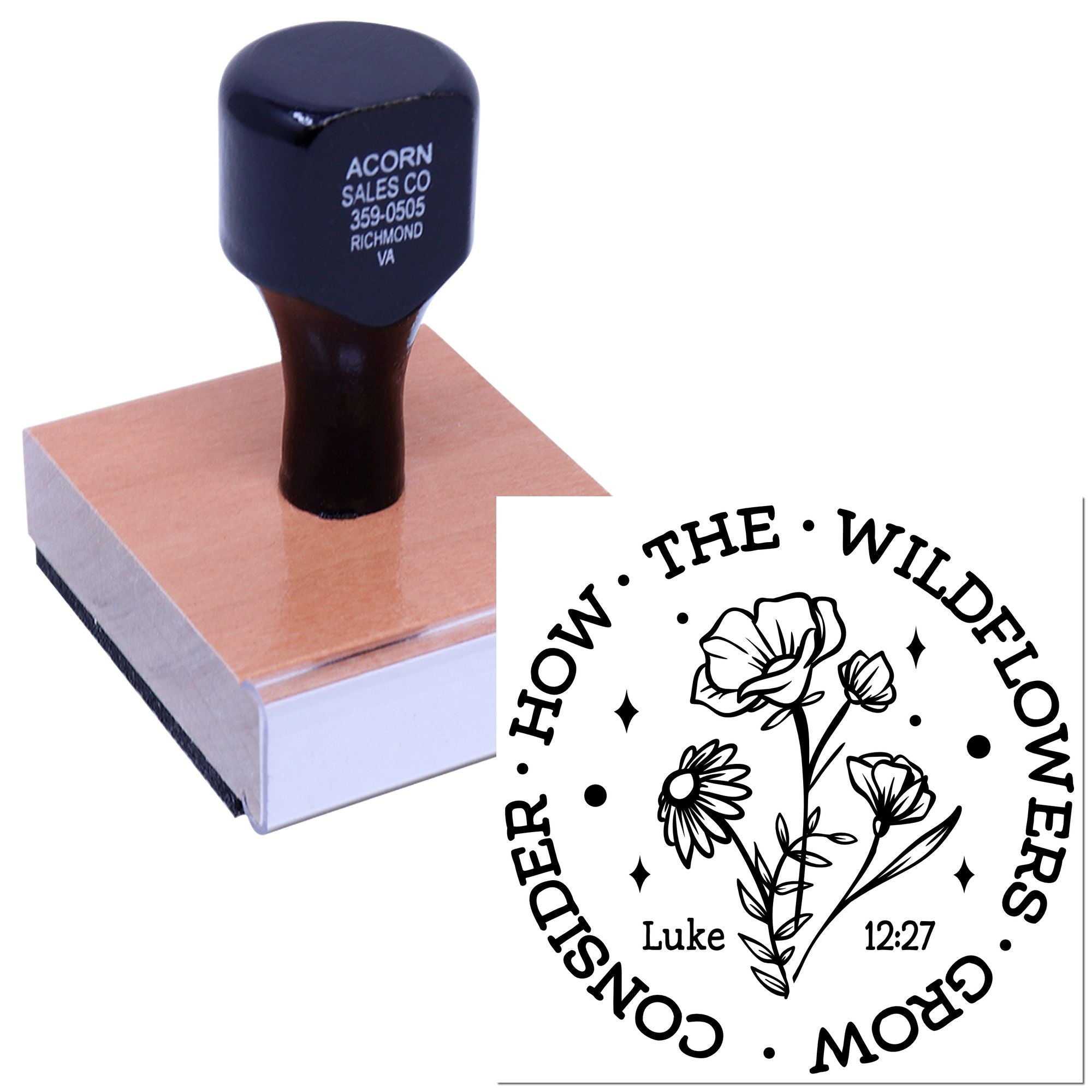 Custom rubber stamp with wildflower Christian design and Luke 12:27 verse for handmade cards, Bible journaling, and crafts.