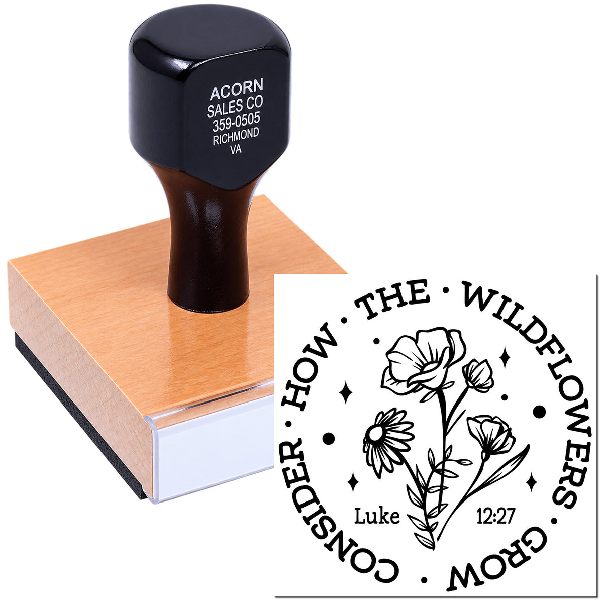Custom rubber stamp with wildflower Christian design and Luke 12:27 verse for handmade cards, Bible journaling, and crafts.