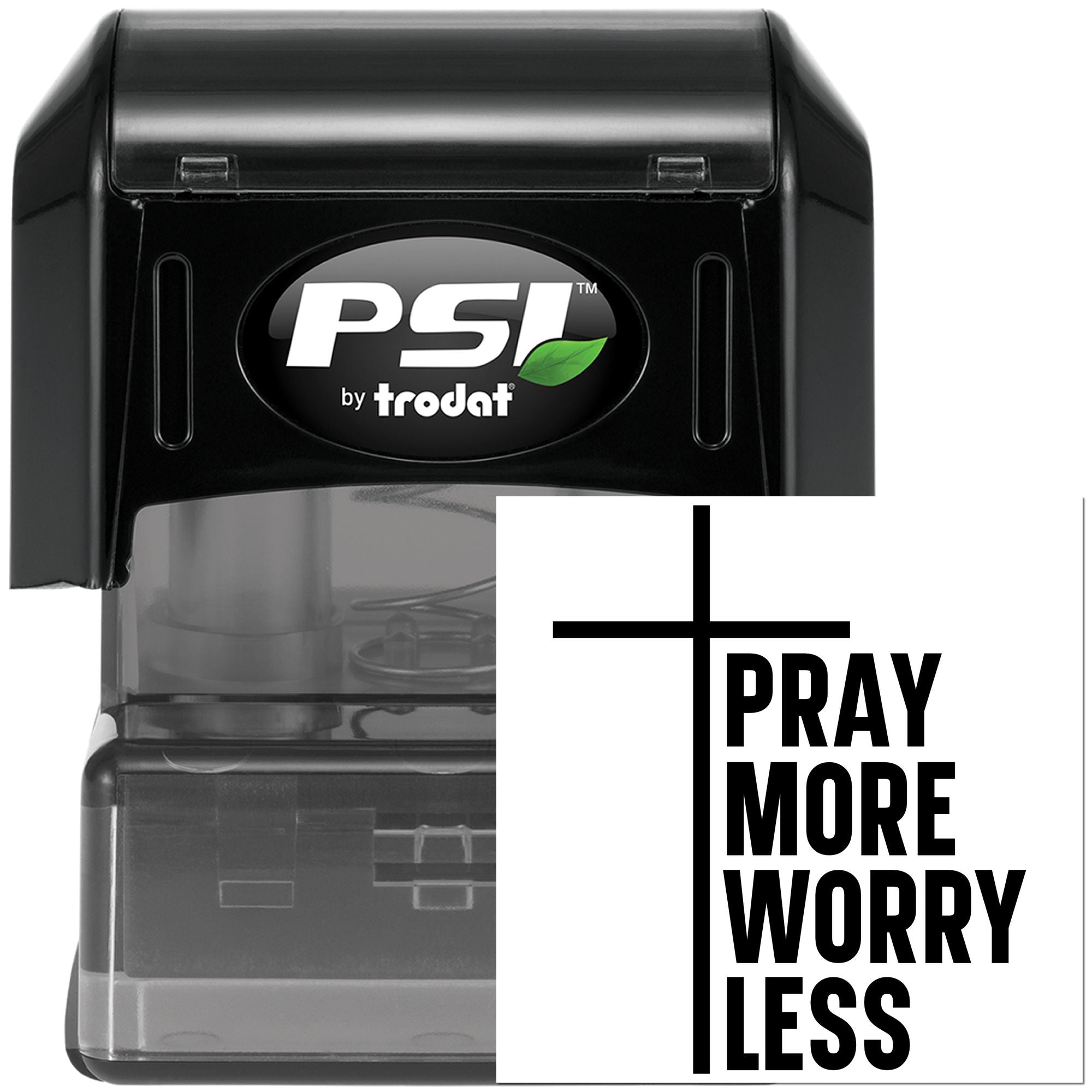 PSI by Trodat self-inking rubber stamp with Pray More Worry Less design for inspirational card and paper stamping