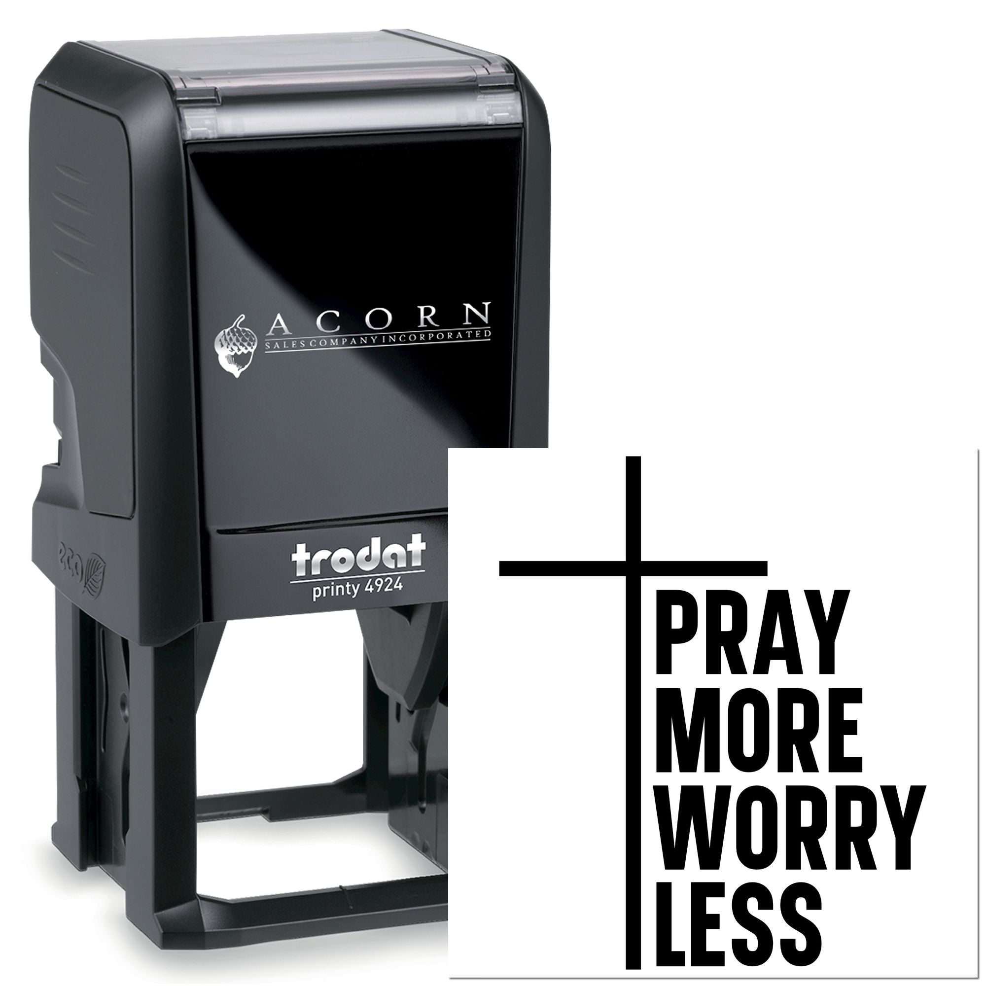 Self-inking custom rubber stamp featuring Pray More Worry Less text for faith-based crafting, office, or church use.