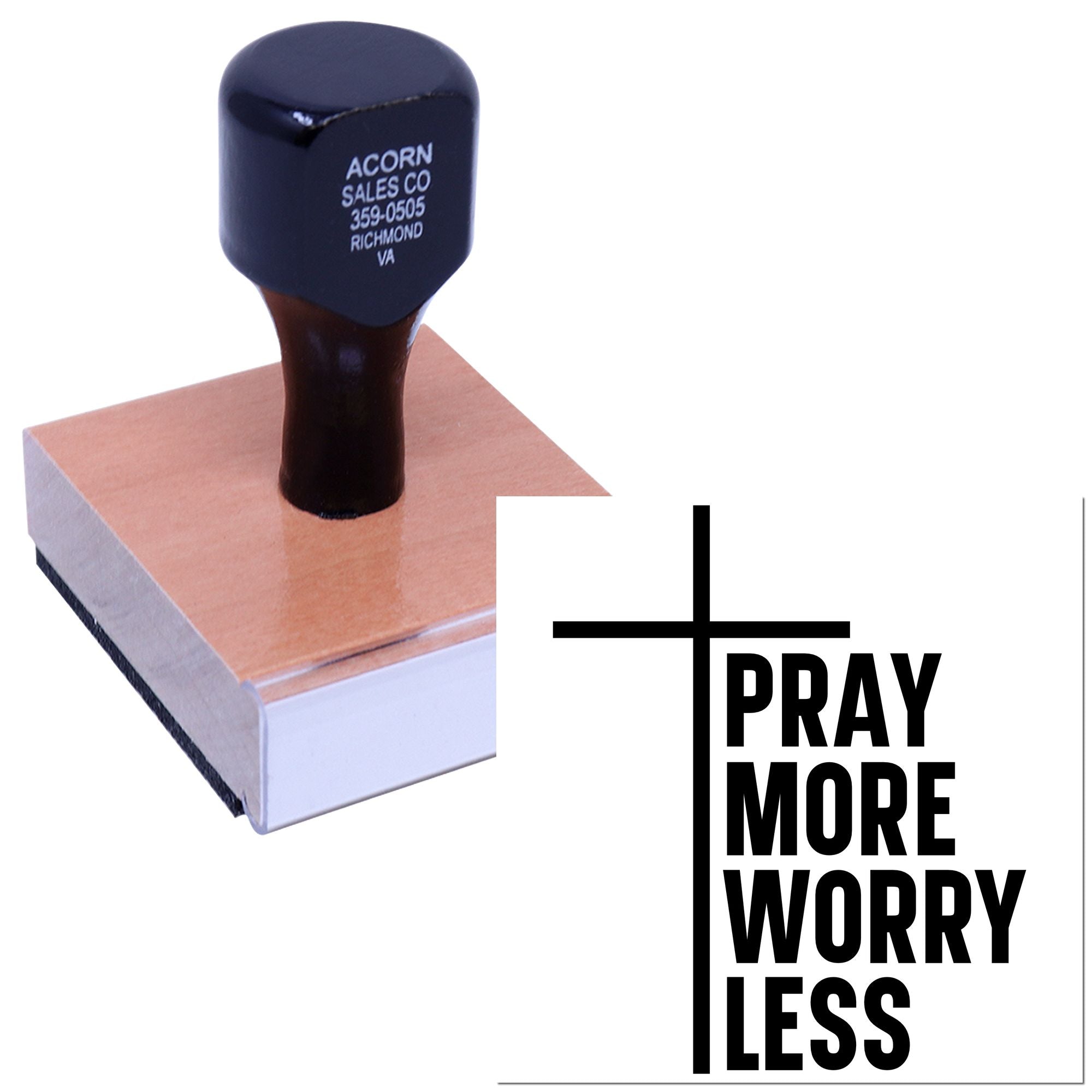Inspirational custom rubber stamp reading Pray More Worry Less for faith-based crafts, stationery, and branding.