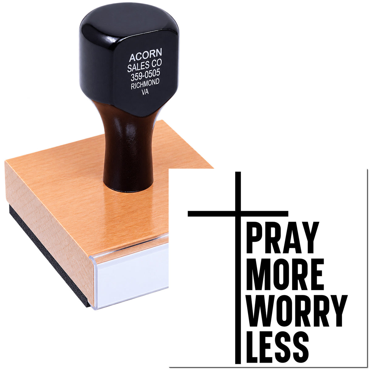 Inspirational custom rubber stamp reading Pray More Worry Less for faith-based crafts, stationery, and branding.