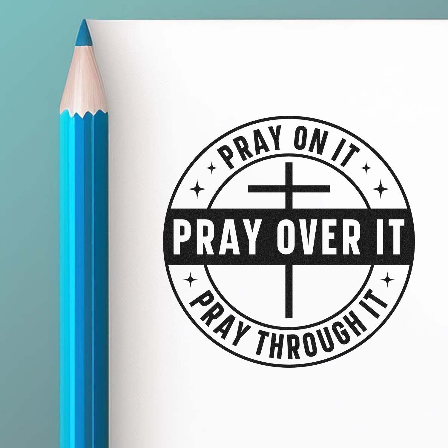 Christian rubber stamp design with cross and Pray on it, pray over it, pray through it faith message for Bible journaling and crafts.