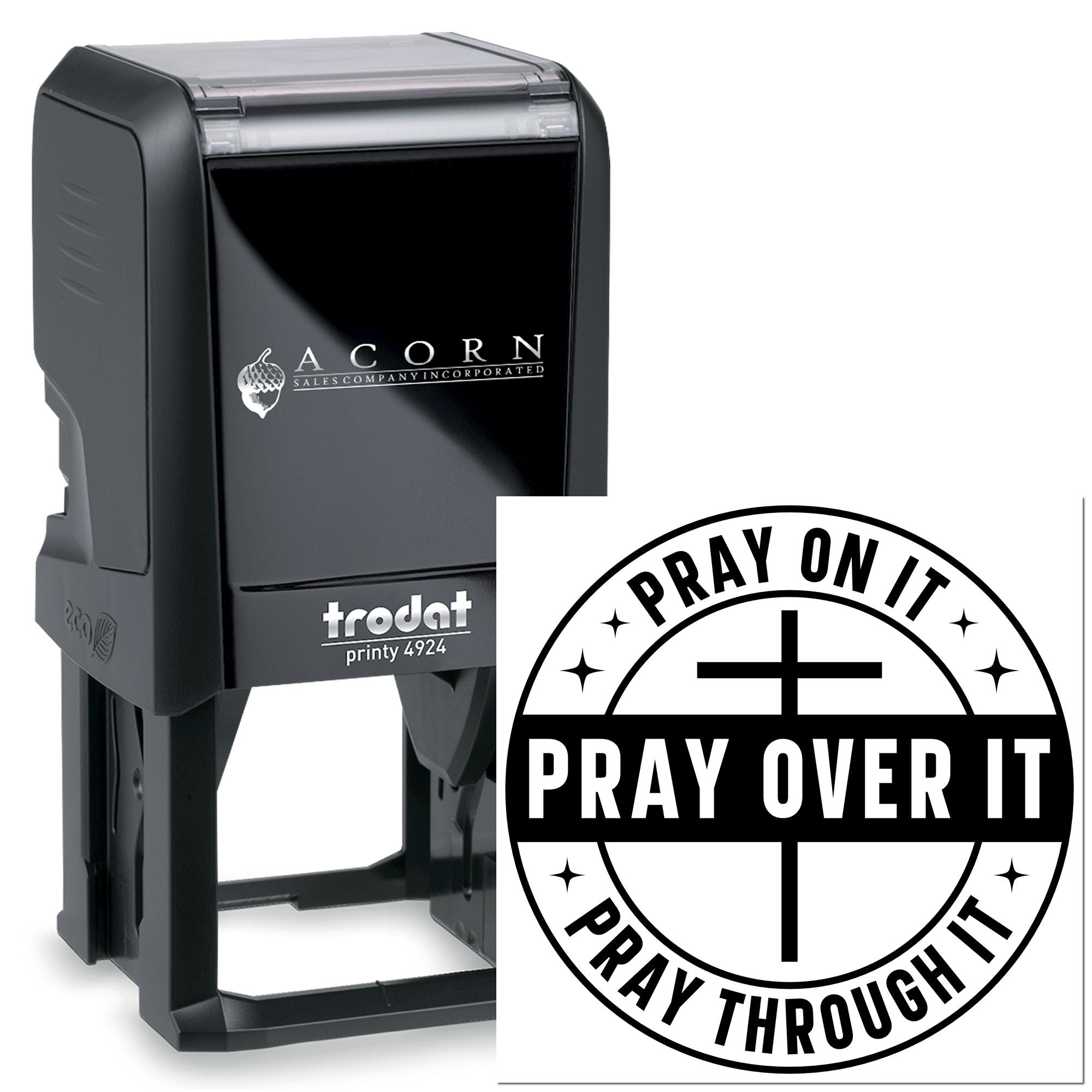 Custom self-inking rubber stamp with Christian Pray Over It design for church, ministry, or faith-based business use.