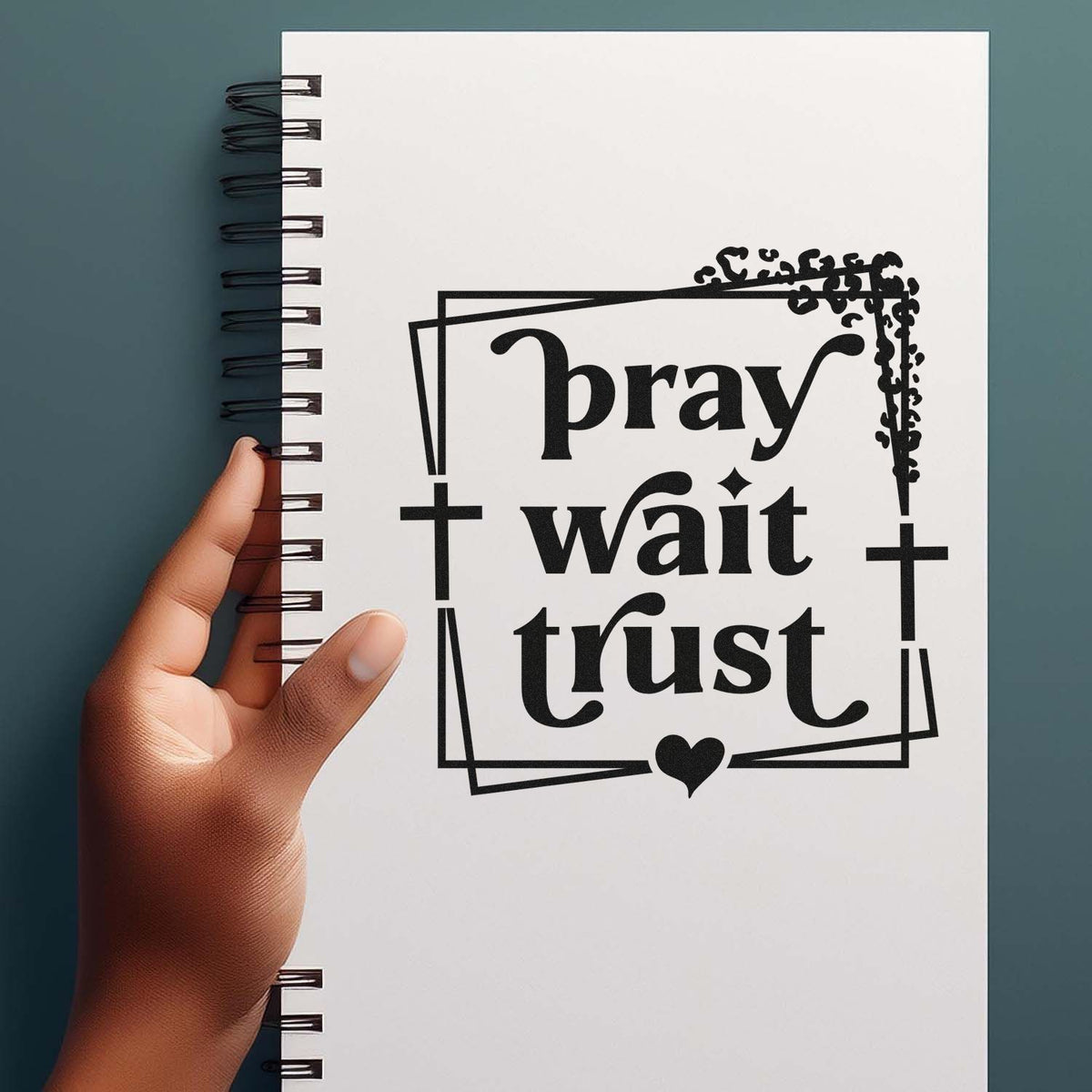 Pray Wait Trust With Cross Stamp - Premium Vintage Pro Wooden imprint stamped in black ink. Leafy corners, small crosses, and a heart accent "Pray wait trust" inside overlapping rectangular frames.