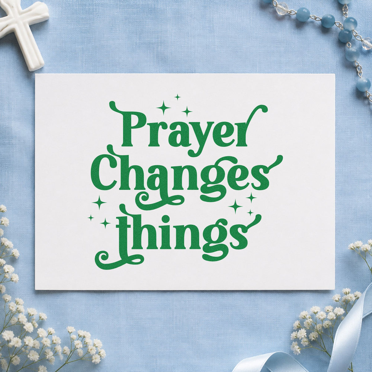 Prayer Changes Things craft stamp imprint in green ink on a handmade project, one idea being choir folder labels.