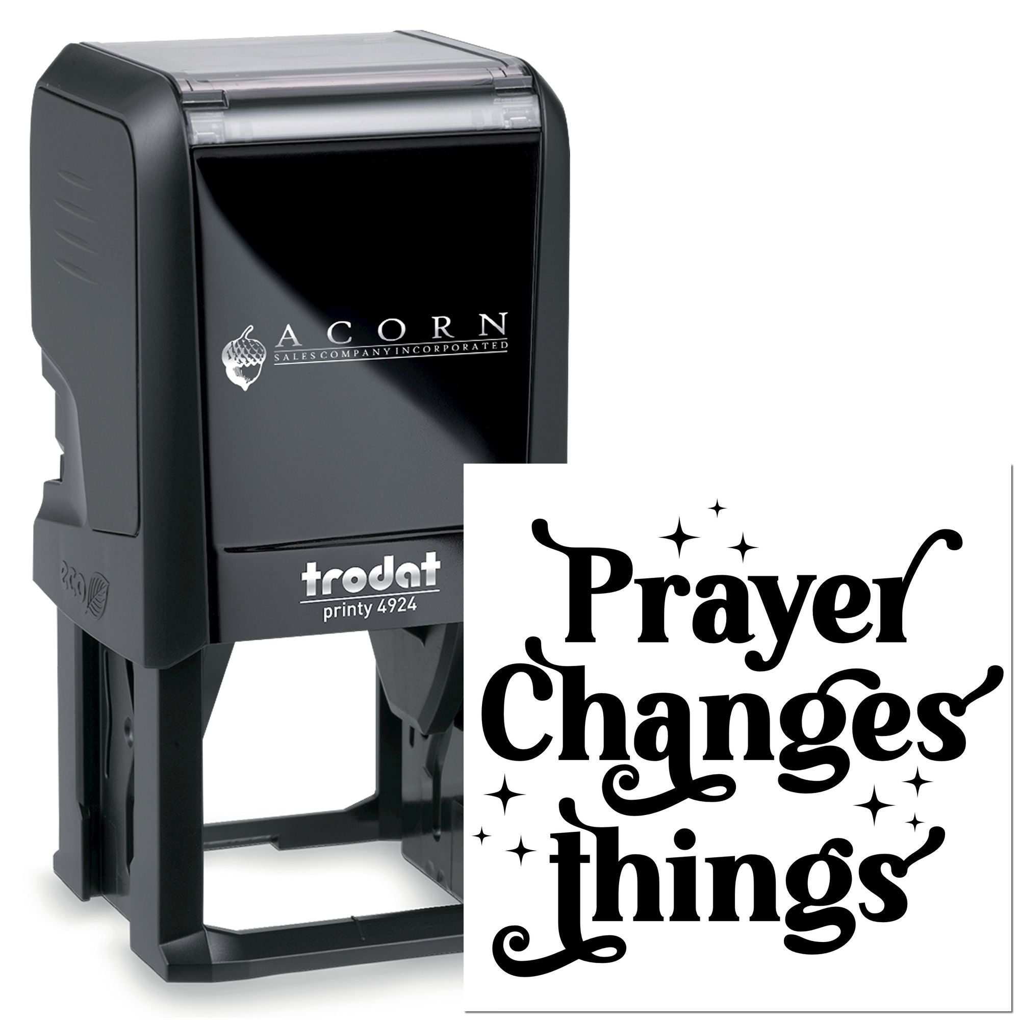 Trodat self-inking rubber stamp with Prayer Changes Things design for church and faith-based messaging.