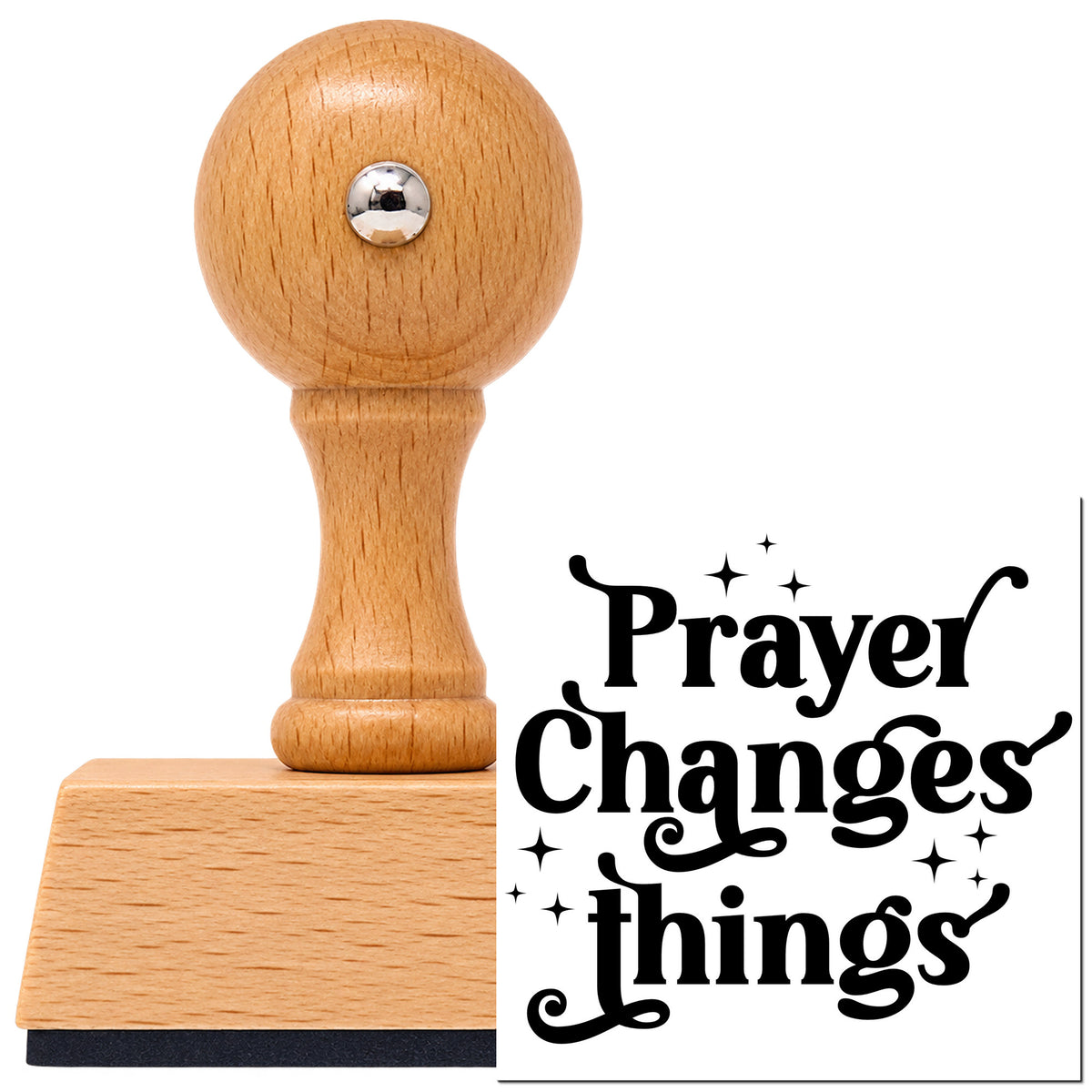 Prayer Changes Things Vintage Pro rubber stamp in European beech wood with a round knob handle, shown beside its black imprint.