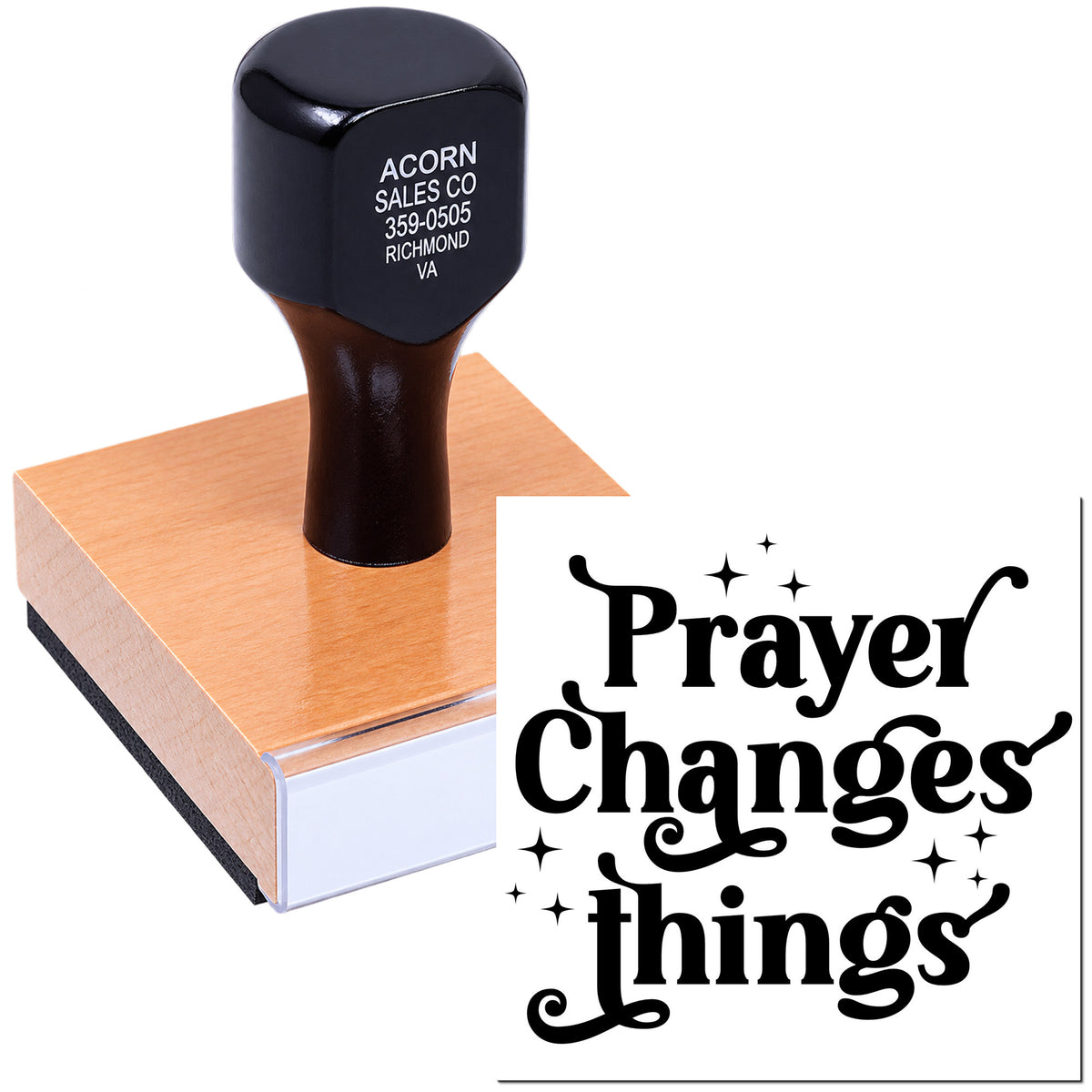 Custom rubber stamp with Prayer Changes Things design and business address imprint sample.