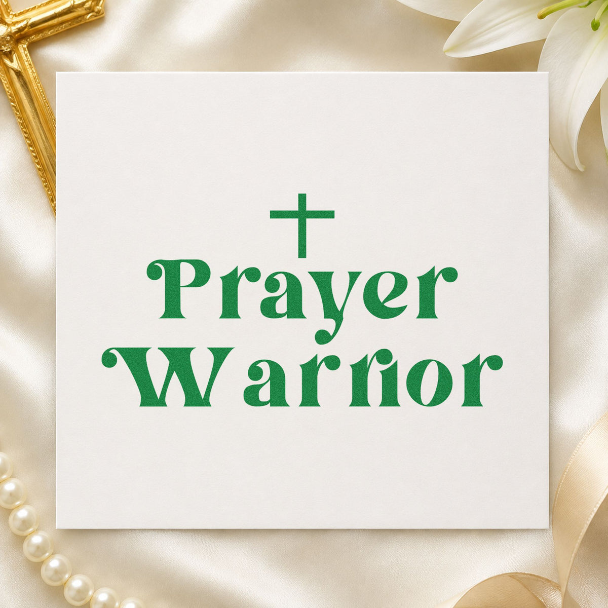 Prayer Warrior craft stamp imprint in green ink on a handmade project, one idea being intercession team tees.