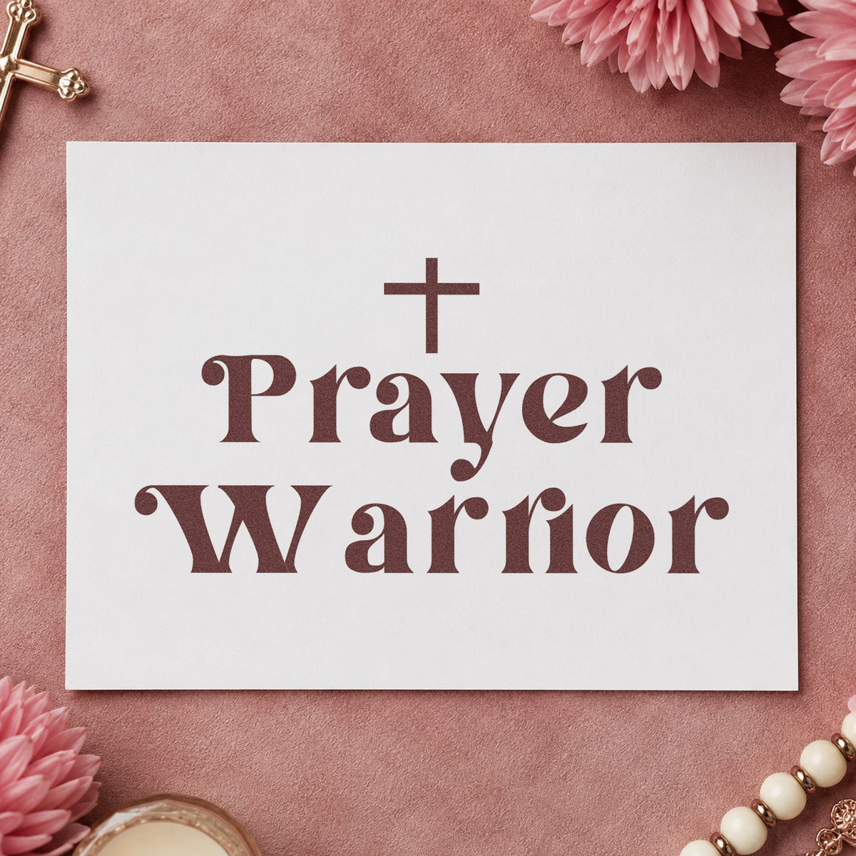 Prayer Warrior rubber stamp printed in brown ink, ready for intercessor notes and similar paper crafts.