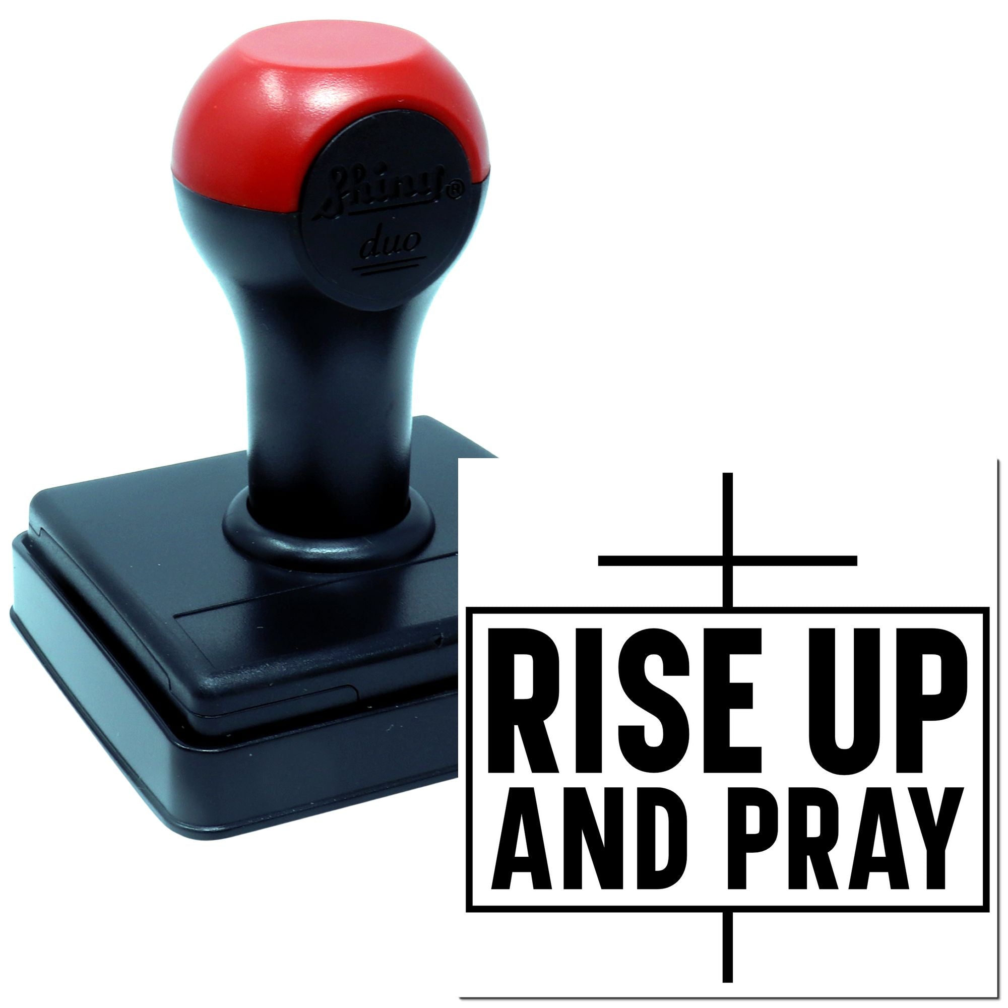 Self-inking rubber stamp with Rise Up and Pray design for faith-based custom stamping and church craft projects.