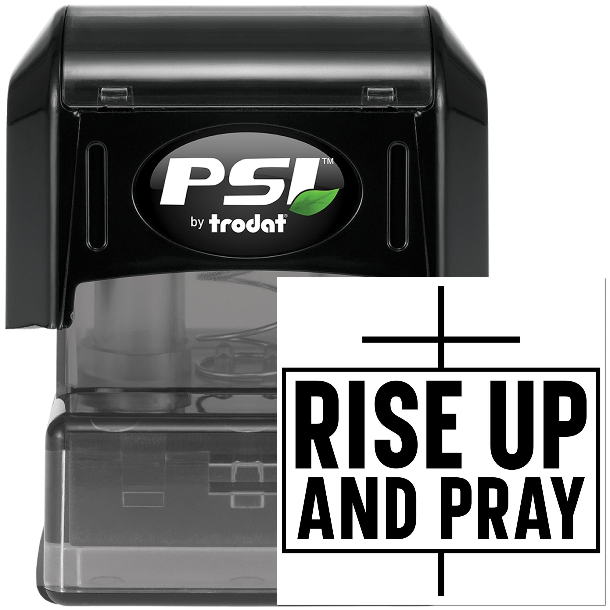 PSI by Trodat self-inking rubber stamp with Rise Up and Pray imprint for custom religious messaging.