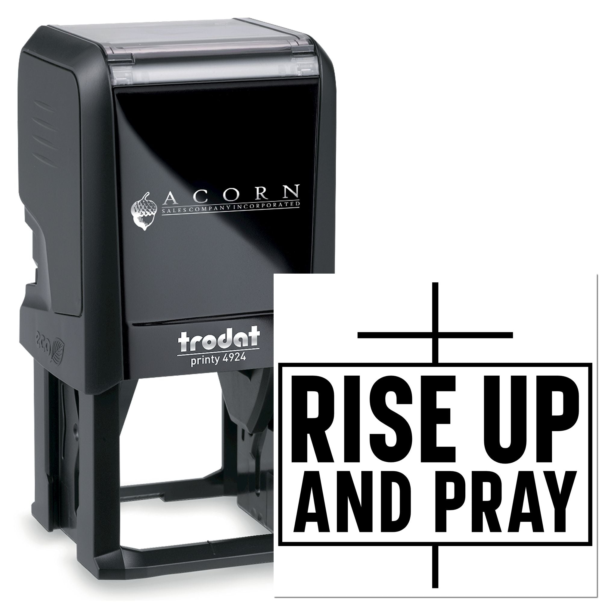 Self-inking rubber stamp with custom Rise Up and Pray design for church, faith, and inspirational document marking.
