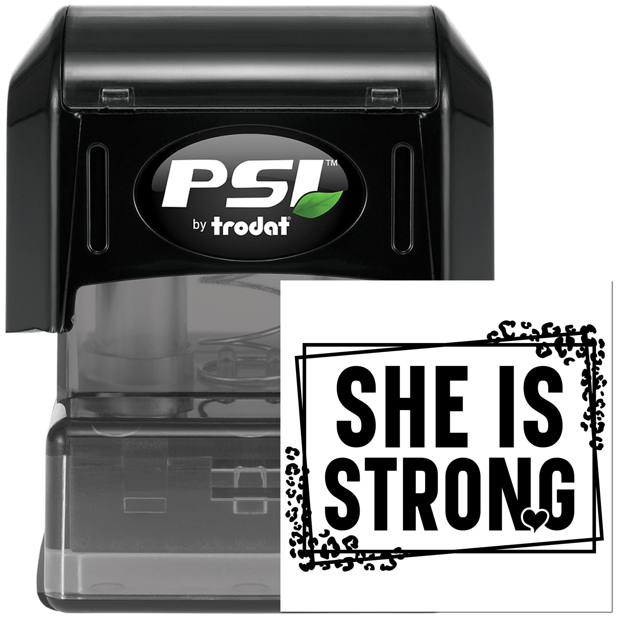 PSI by Trodat self-inking rubber stamp with bold She Is Strong imprint for inspirational cards, journals, and handmade gifts.