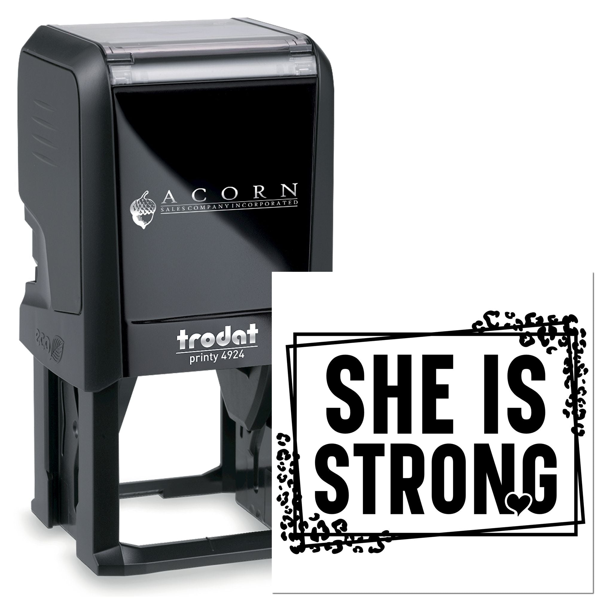 Trodat self-inking rubber stamp with She Is Strong imprint for personalized branding, crafting, and inspiring messages.
