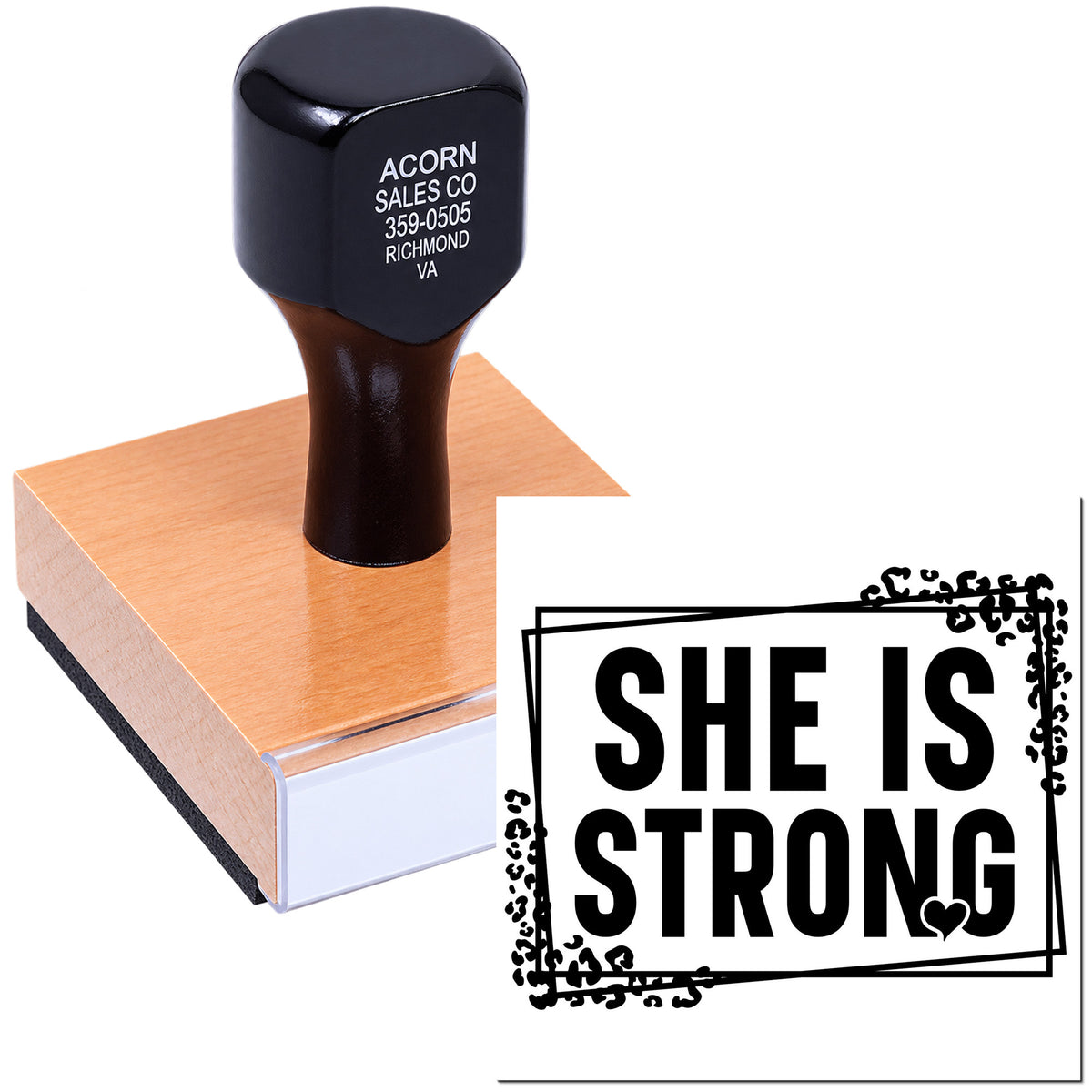 Custom rubber stamp featuring She Is Strong motivational text on a mounted stamp block for crafts, packaging, and branding.