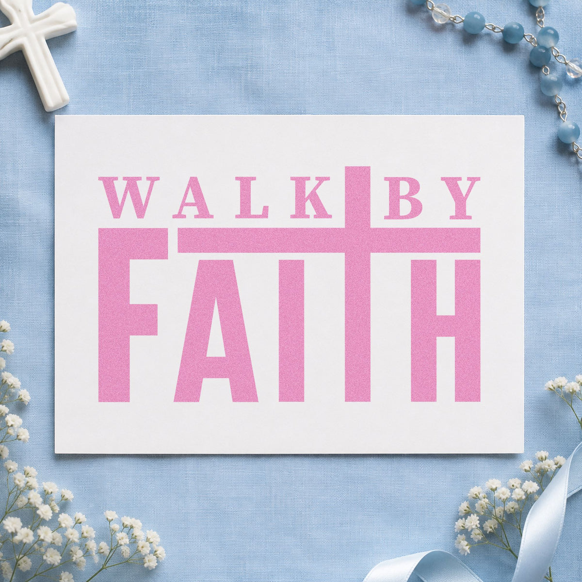 Walk by Faith craft stamp in purple ink on cardstock, an easy option for charity race tees.