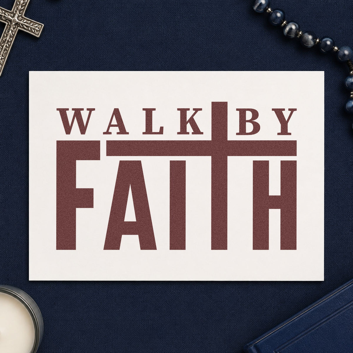 Walk by Faith rubber stamp printed in brown ink, ready for scrapbook journey pages and similar paper crafts.