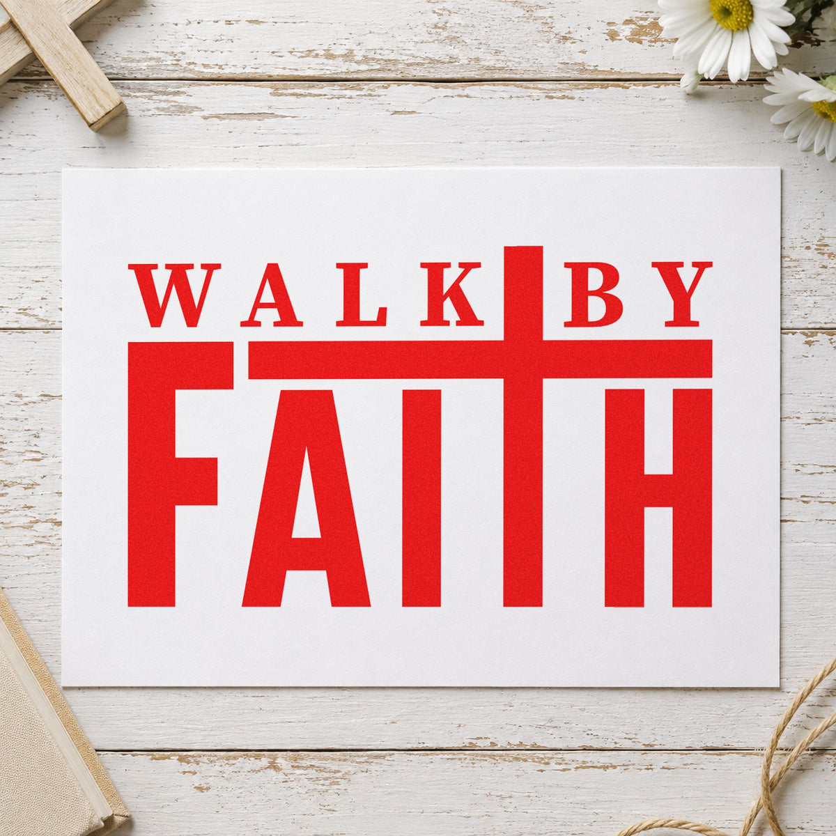 Walk by Faith rubber stamp shown in red ink, stamped for projects such as prayer walk maps.