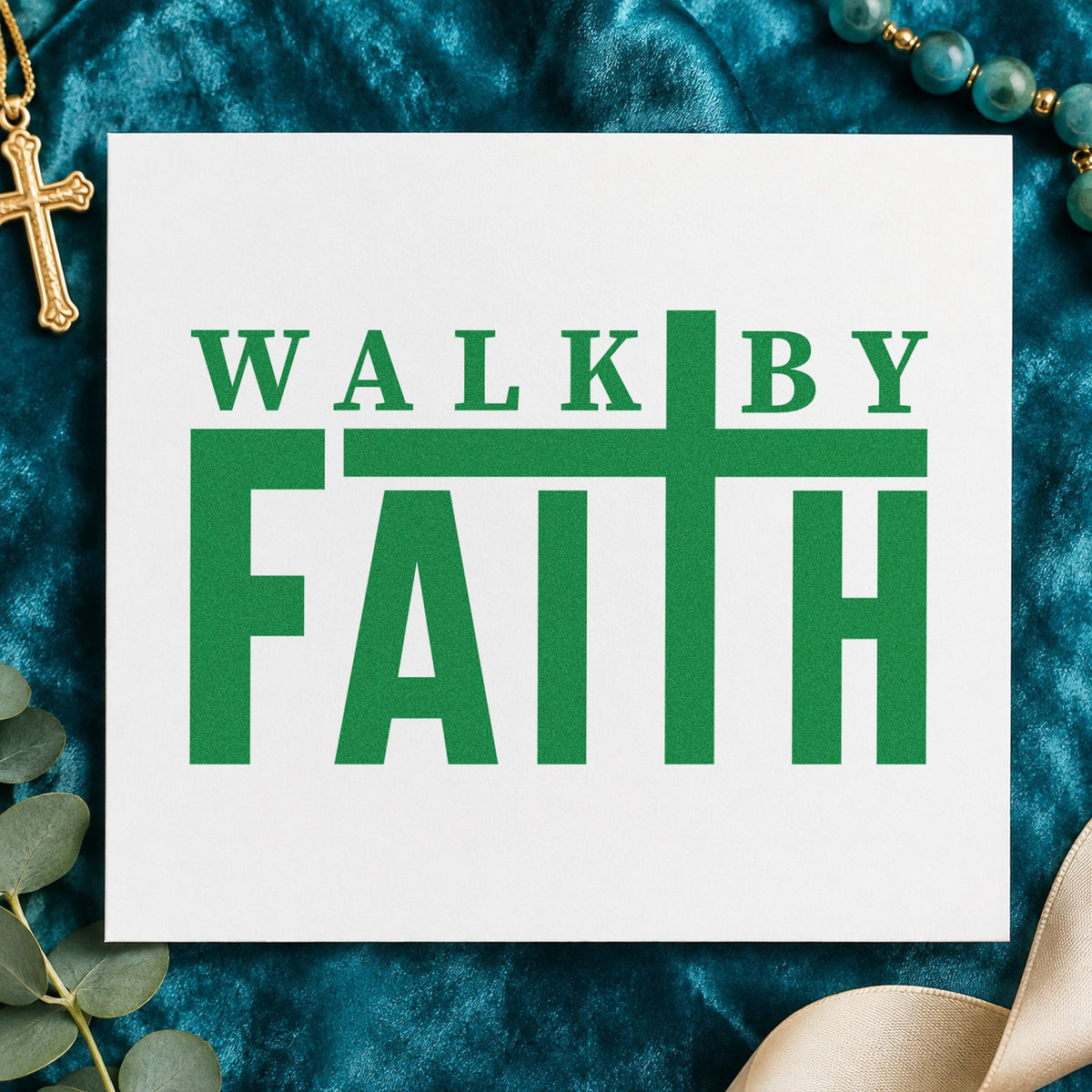 Walk by Faith craft stamp imprint in green ink on a handmade project, one idea being framed entryway art.