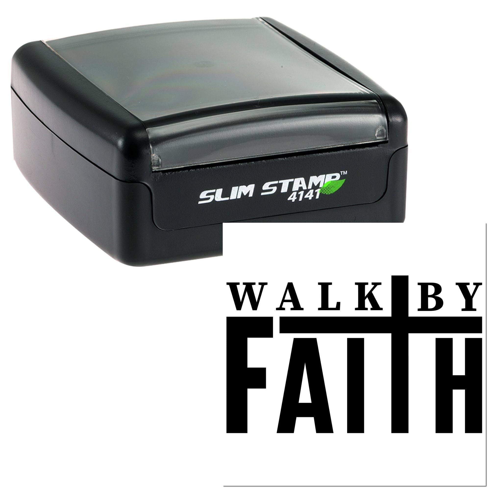 Self-inking rubber stamp with Walk by Faith design for custom religious stamping and faith-based branding
