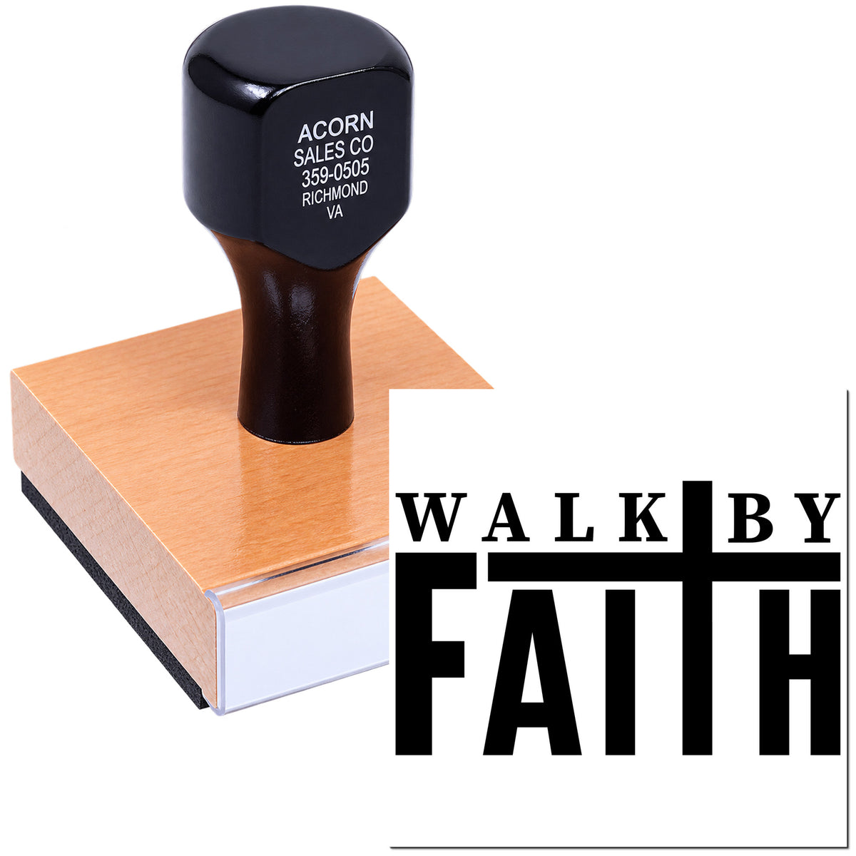 Walk by Faith custom rubber stamp with wood handle for church branding, ministry materials, and faith-based stationery.