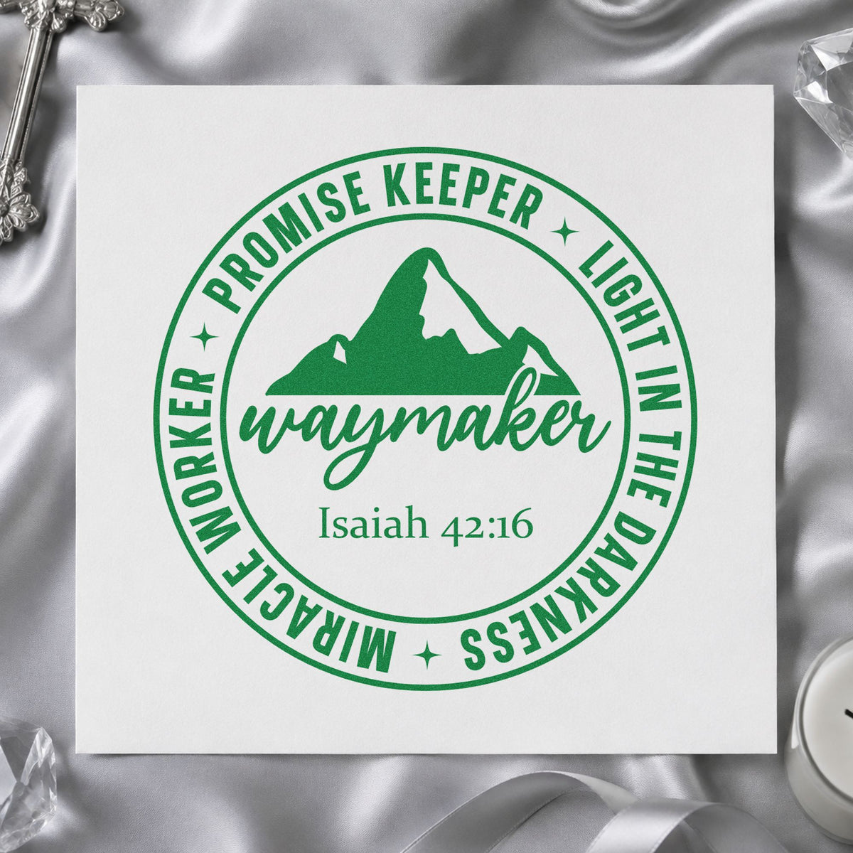 Waymaker Mountain Badge craft stamp imprint in green ink on a handmade project, one idea being answered prayer gifts.