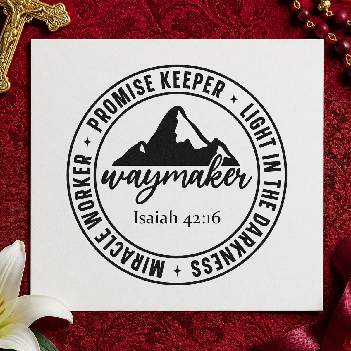 Waymaker Mountain Badge rubber stamp printed in black ink, ready for waymaker cards and similar paper crafts.