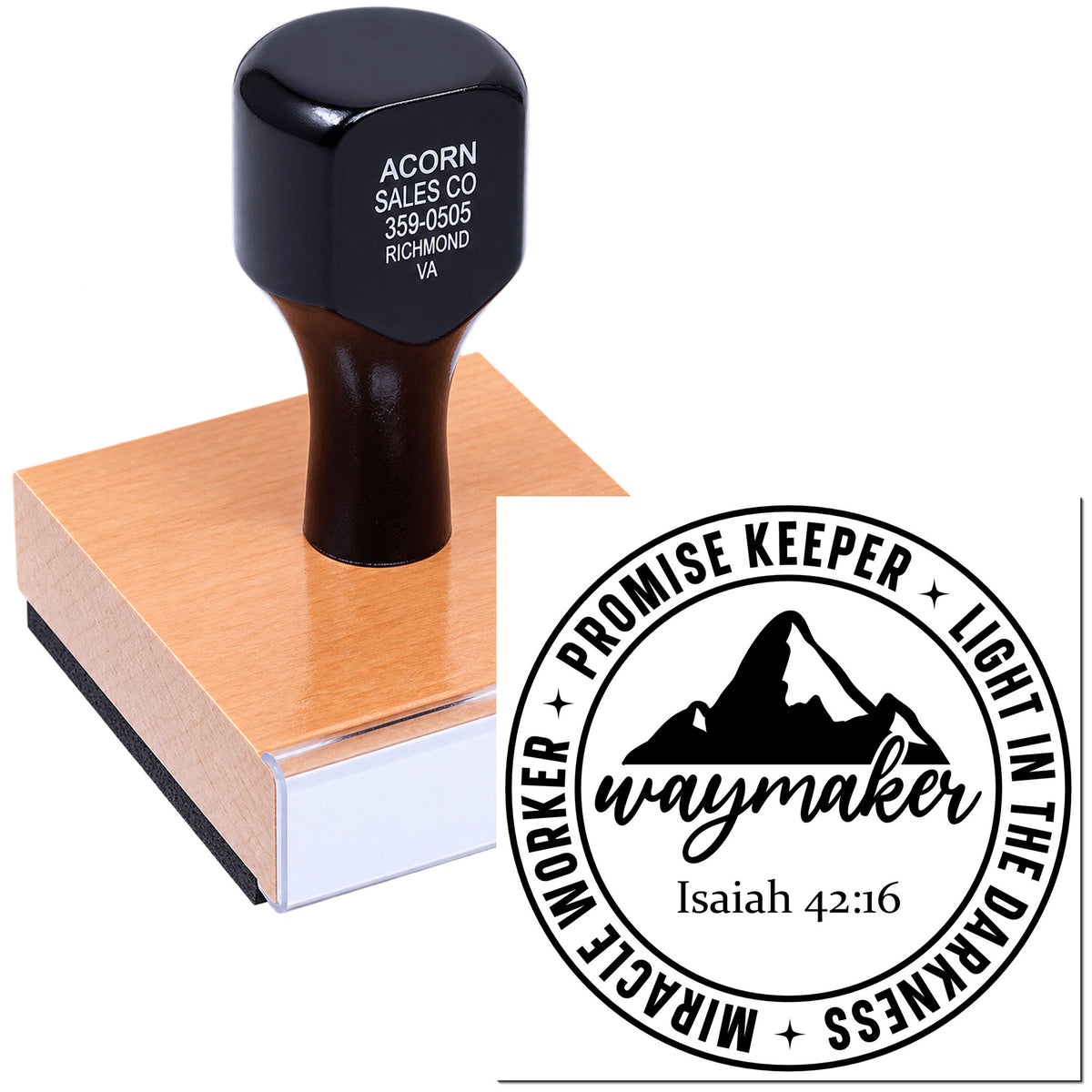 Faith-based custom rubber stamp design with Isaiah 42:16, Promise Keeper, Waymaker, and Light in the Darkness.