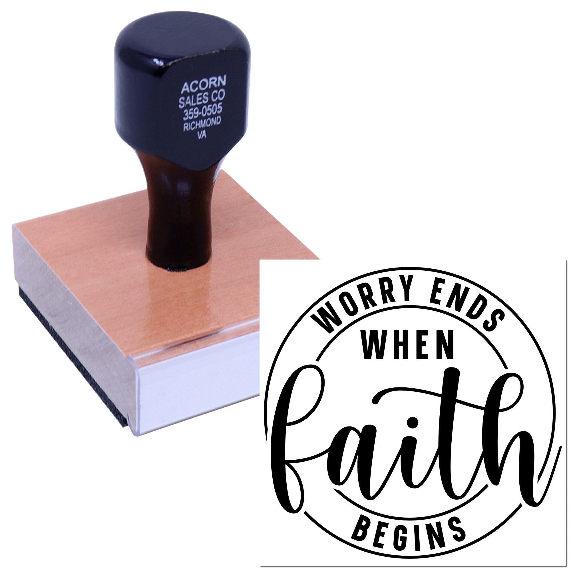 Inspirational rubber stamp with Worry Ends When Faith Begins quote, ideal for faith-based crafts, cards, and church projects.