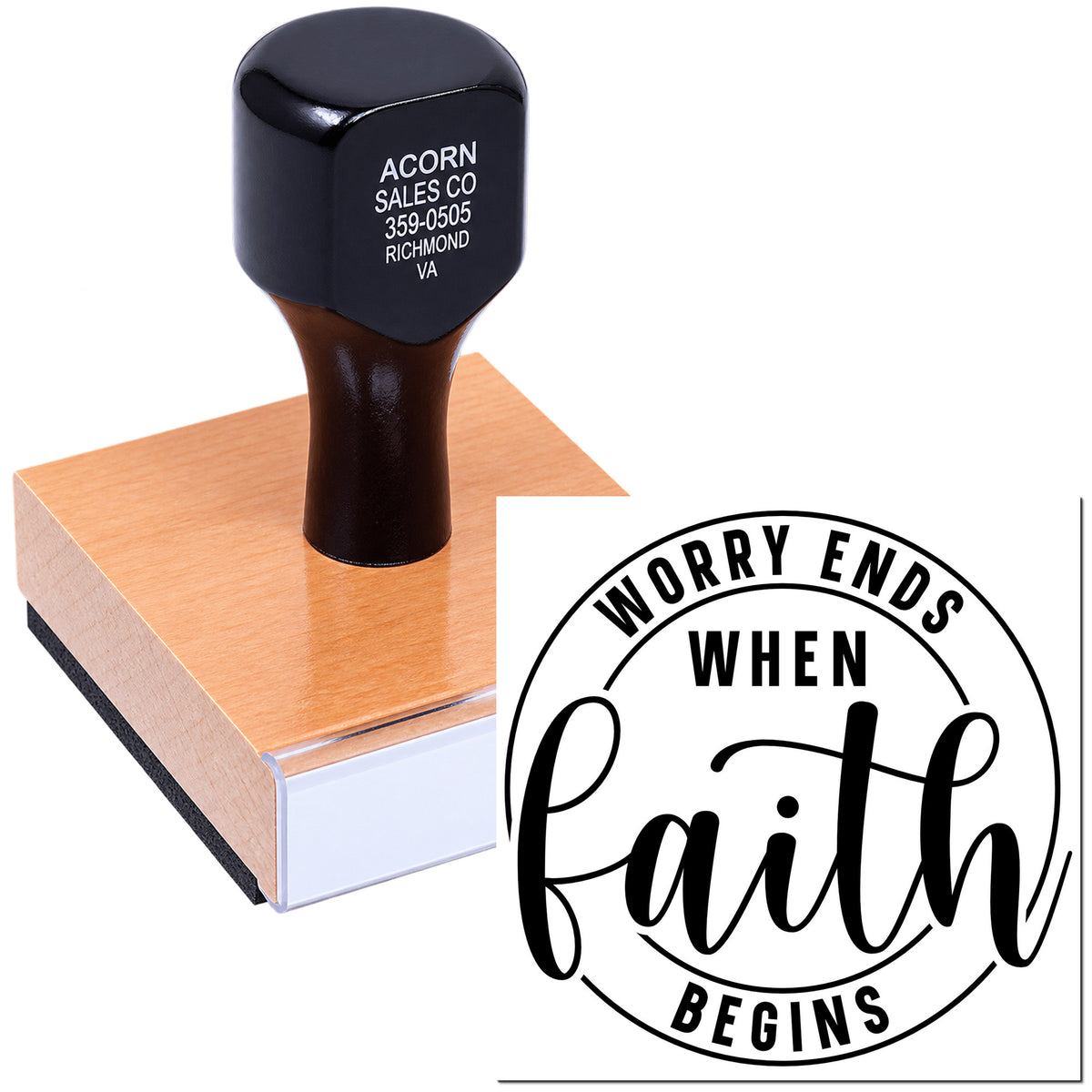 Inspirational rubber stamp with Worry Ends When Faith Begins quote, ideal for faith-based crafts, cards, and church projects.