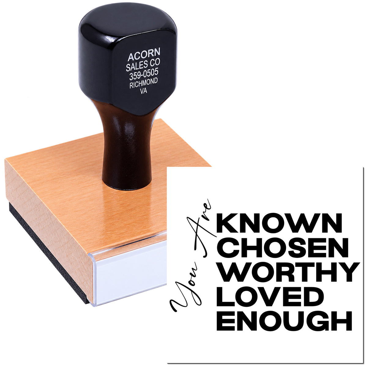 Custom rubber stamp with inspirational You are known, chosen, worthy, loved, enough design for crafts, packaging, and branding.