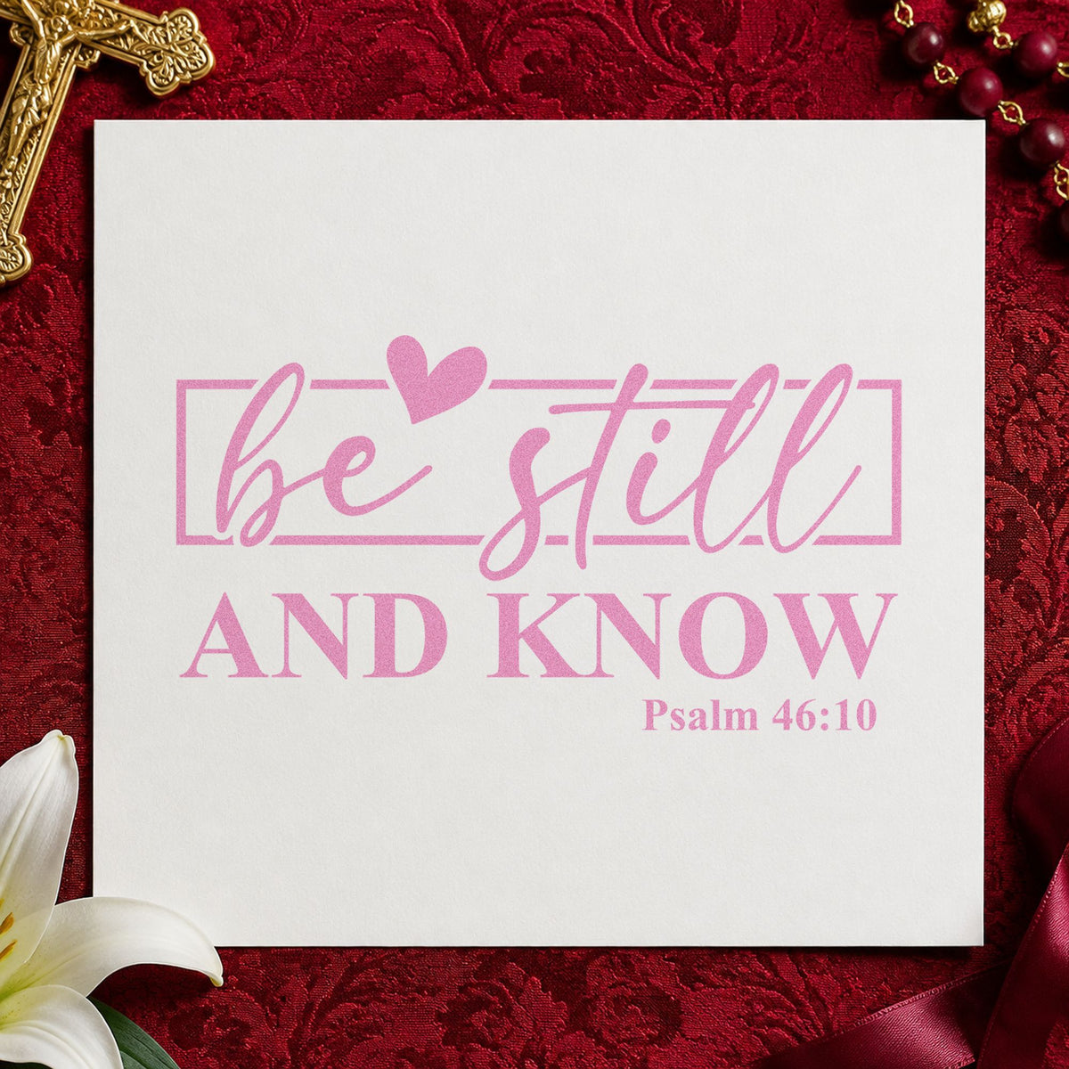Be Still Heart Frame craft stamp in purple ink on cardstock, an easy option for sabbath planner marks.