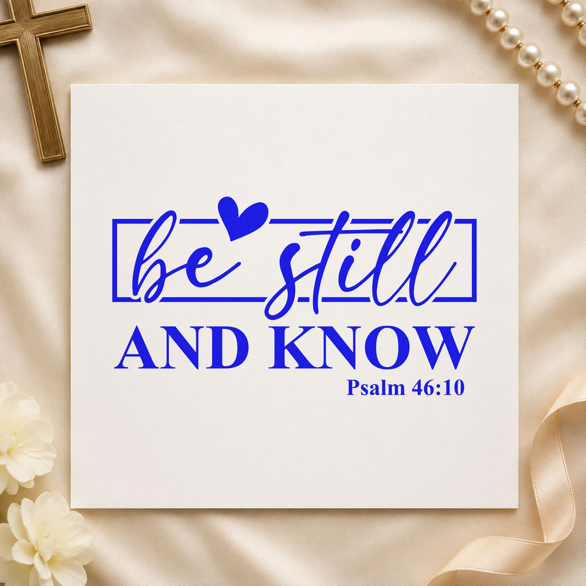 Be Still Heart Frame craft stamp imprinted in blue ink on paper, a design suited to canvas pillow covers.